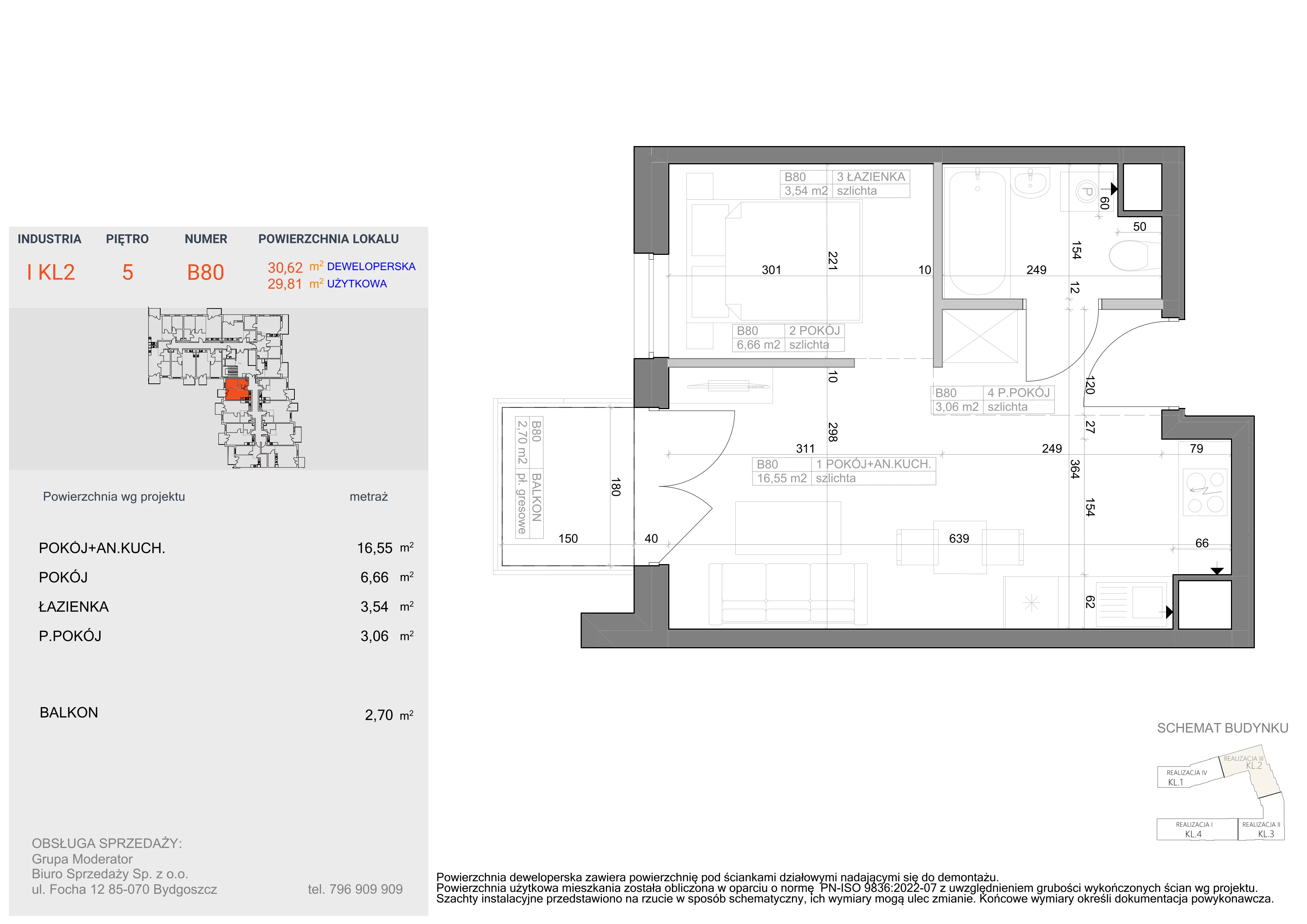 1 pokój, mieszkanie 29,81 m², piętro 5, oferta nr I-B80, Industria II, Bydgoszcz, Bocianowo, ul. Rycerska 22