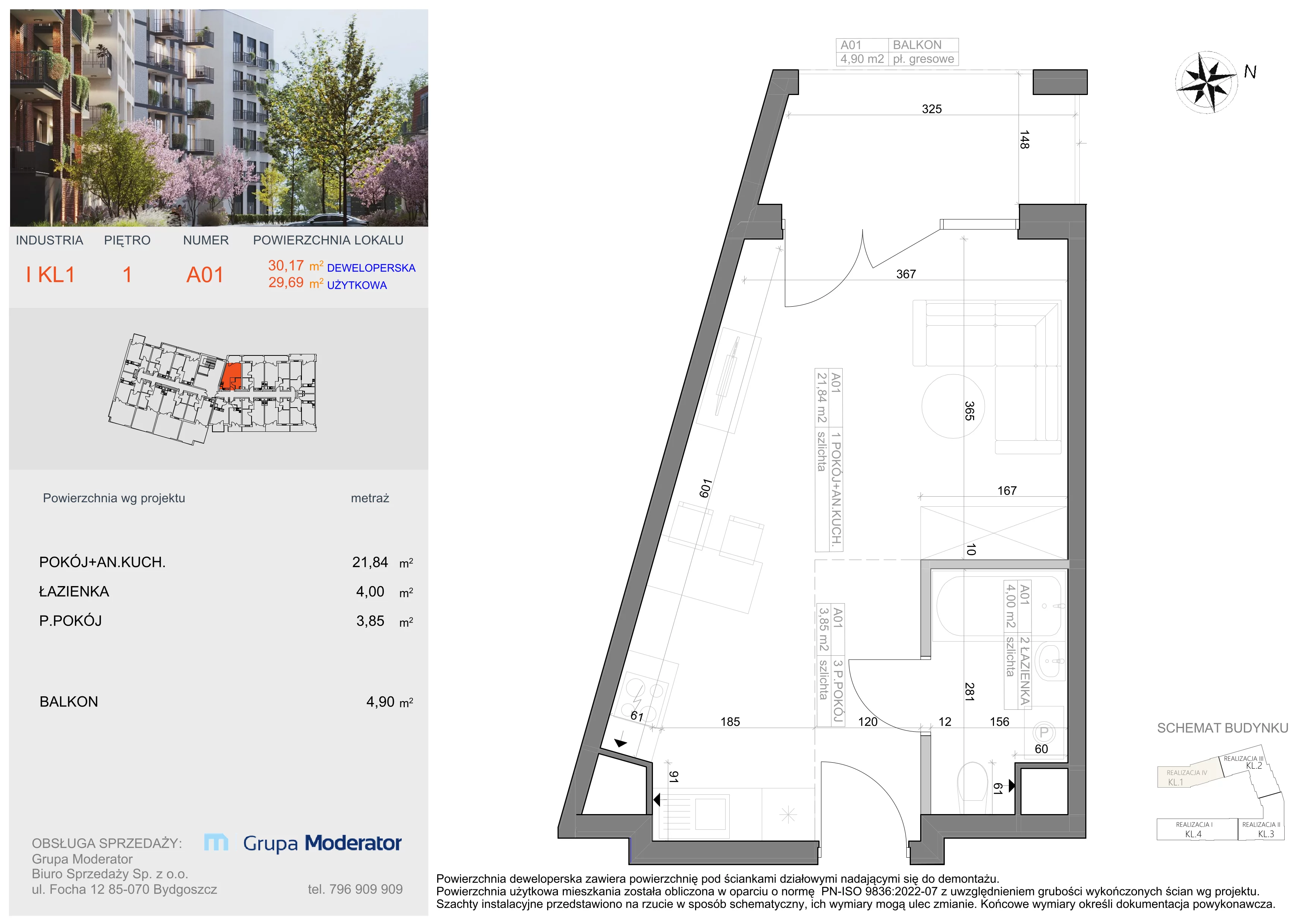 1 pokój, mieszkanie 29,69 m², piętro 1, oferta nr I-A1, Industria II, Bydgoszcz, Bocianowo, ul. Rycerska 22
