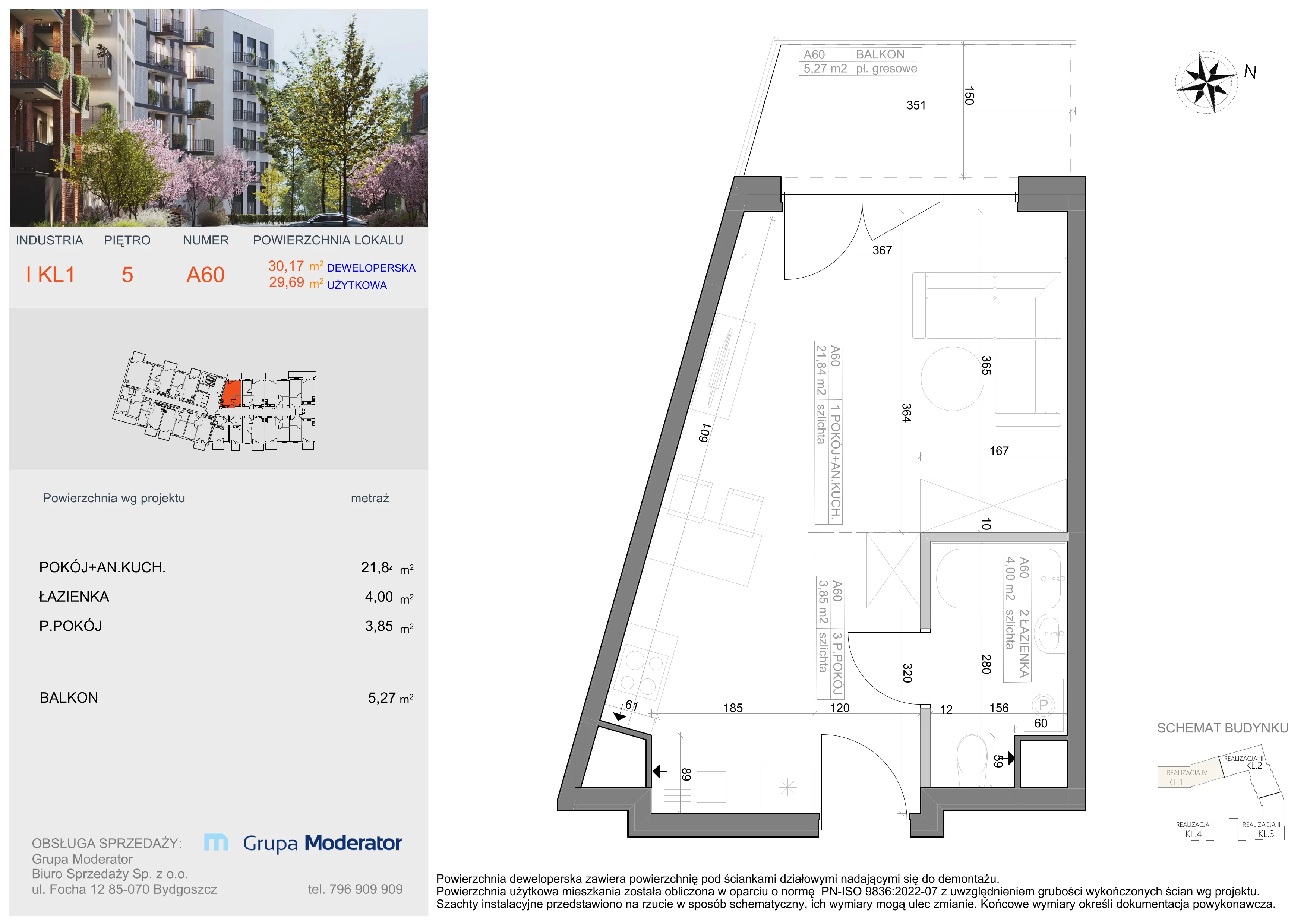 1 pokój, mieszkanie 29,69 m², piętro 5, oferta nr I-A60, Industria II, Bydgoszcz, Bocianowo, ul. Rycerska 22
