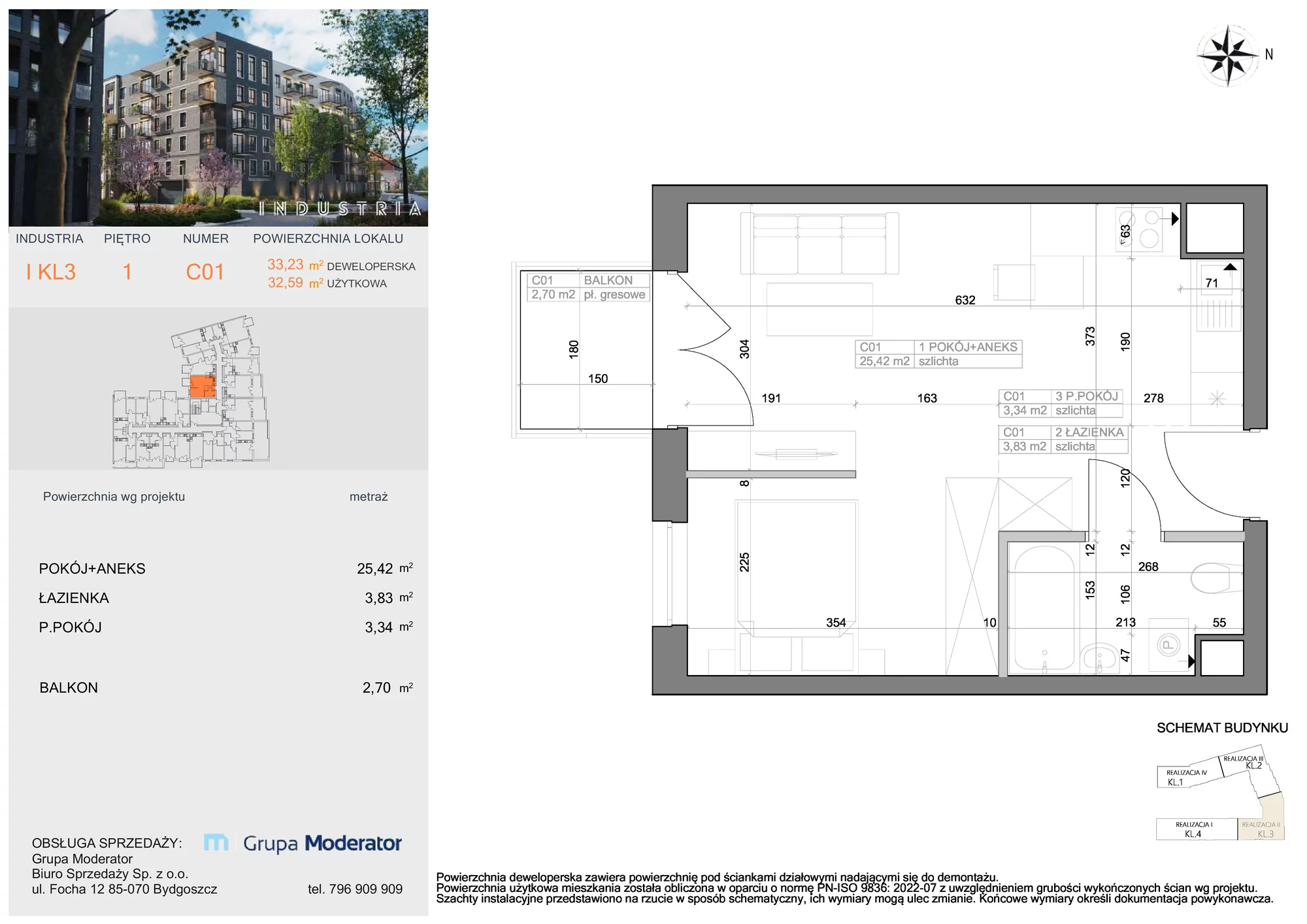 Mieszkanie 32,59 m², piętro 1, oferta nr I-C1, Industria Budynek I-D, Bydgoszcz, Bocianowo, ul. Rycerska 22