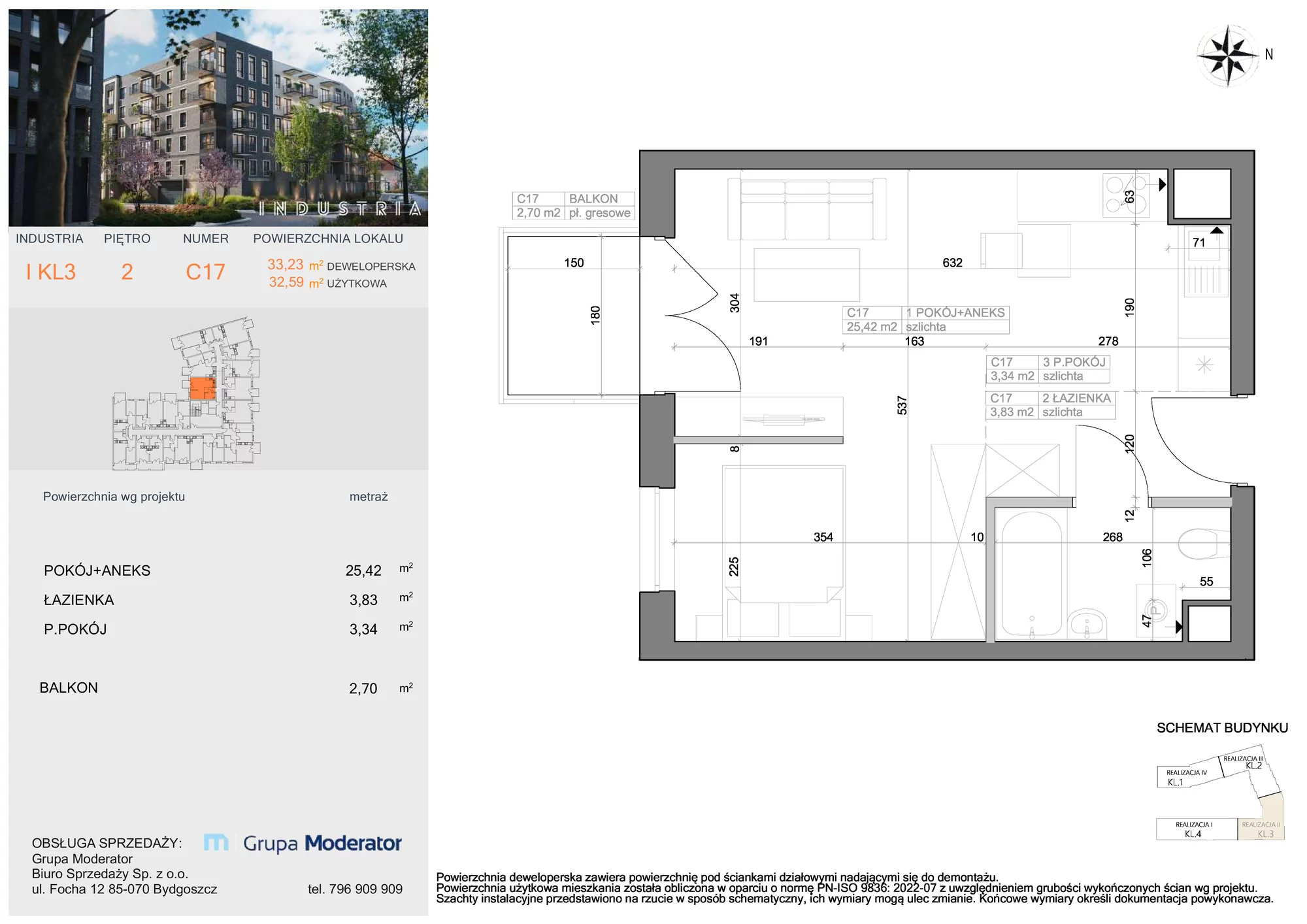 Mieszkanie 32,59 m², piętro 2, oferta nr I-C17, Industria Budynek I-D, Bydgoszcz, Bocianowo, ul. Rycerska 22