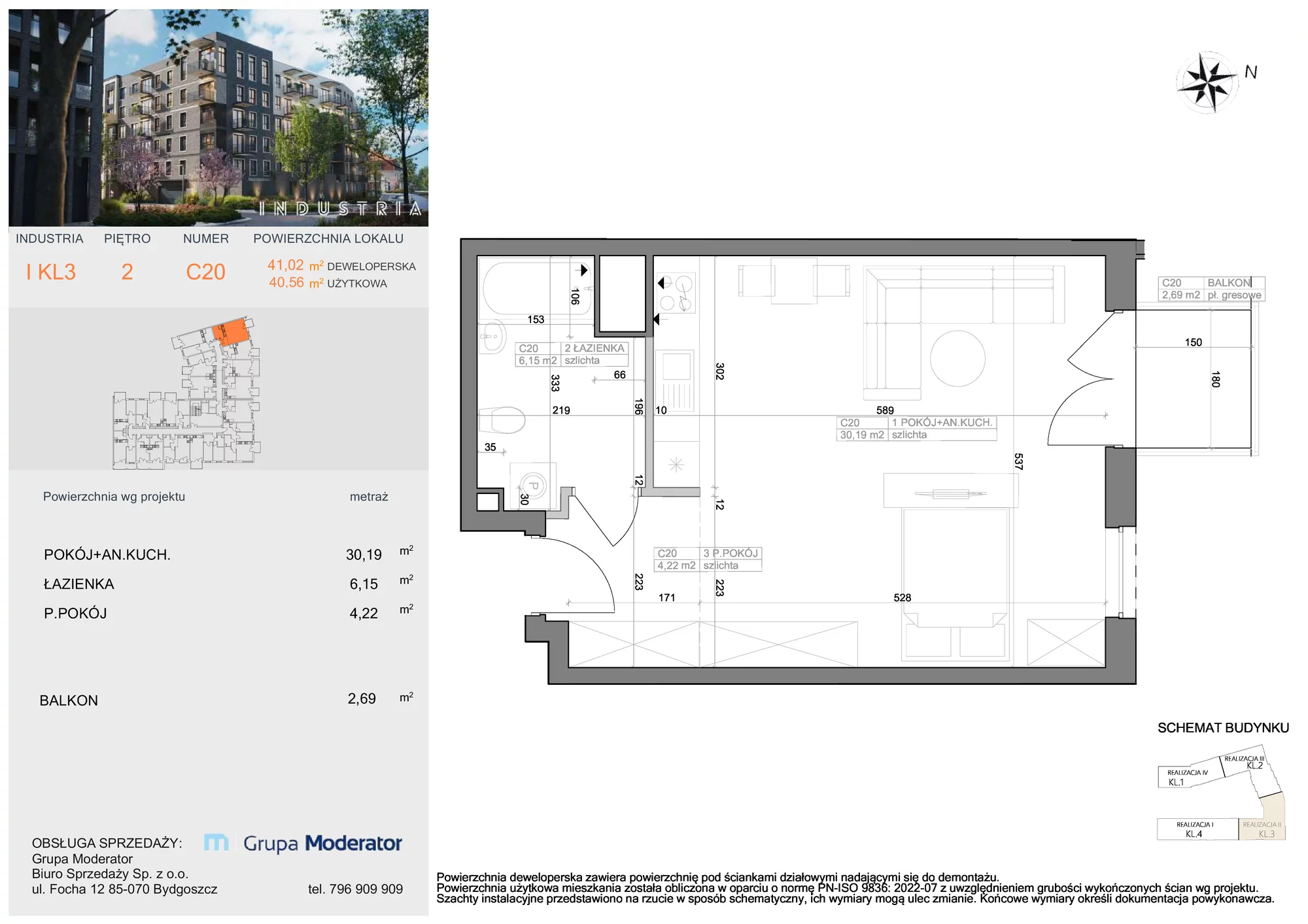 Mieszkanie 40,56 m², piętro 2, oferta nr I-C20, Industria Budynek I-D, Bydgoszcz, Bocianowo, ul. Rycerska 22