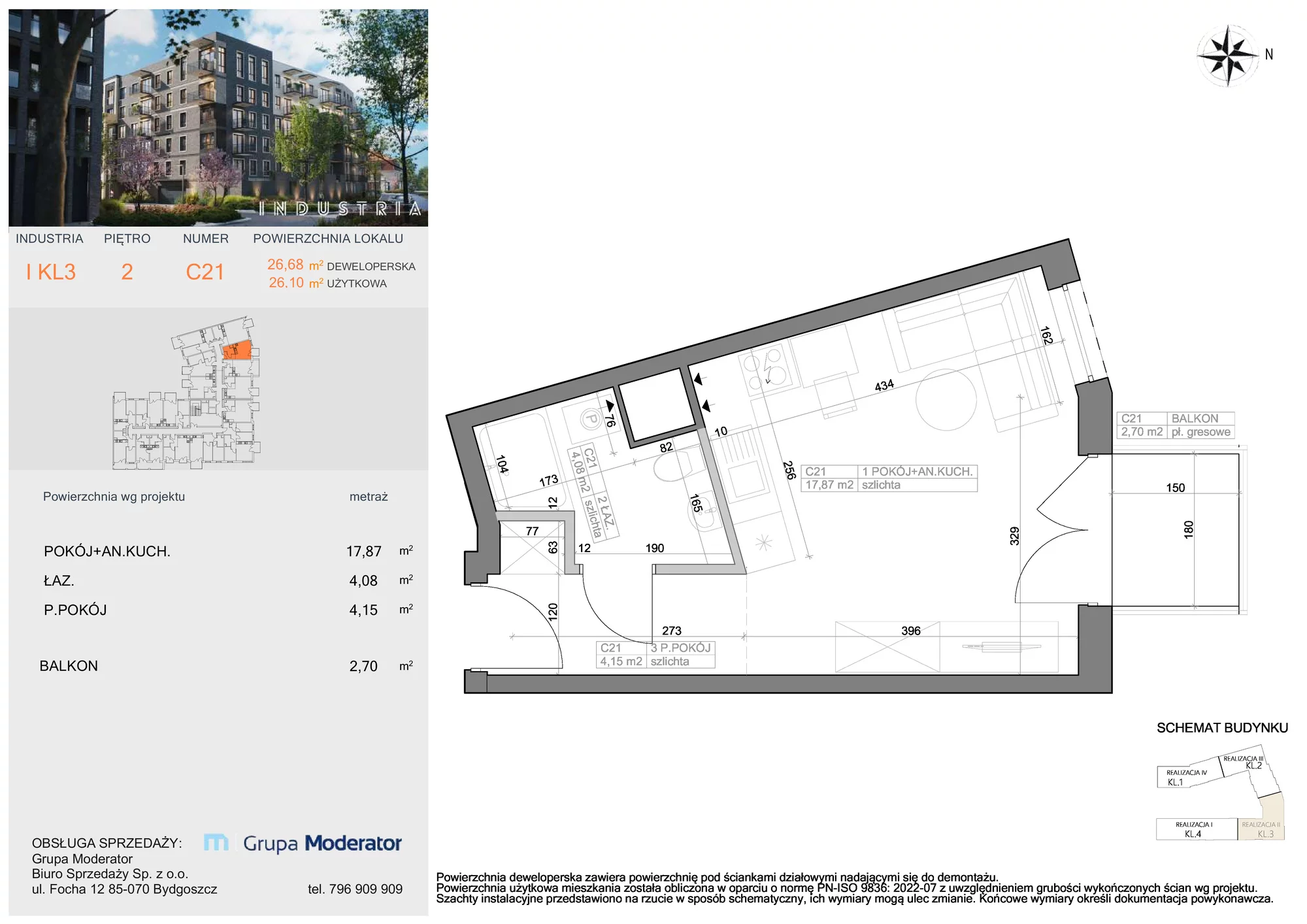 Mieszkanie 26,10 m², piętro 2, oferta nr I-C21, Industria Budynek I-D, Bydgoszcz, Bocianowo, ul. Rycerska 22