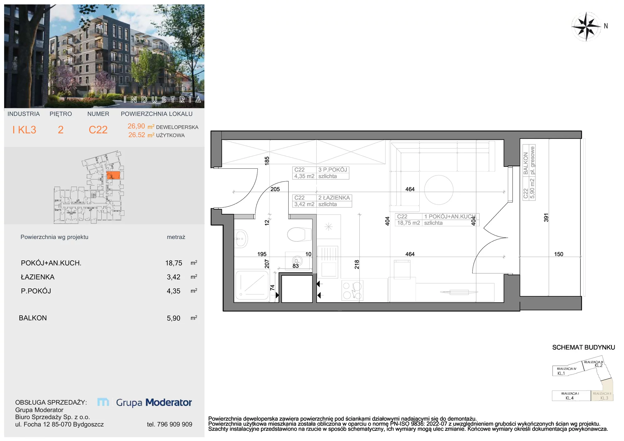 Mieszkanie 26,52 m², piętro 2, oferta nr I-C22, Industria Budynek I-D, Bydgoszcz, Bocianowo, ul. Rycerska 22