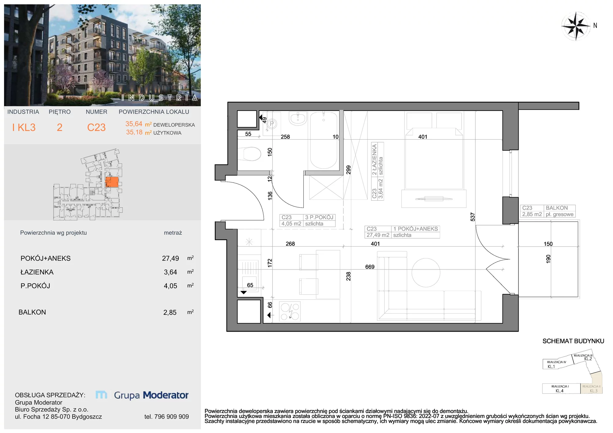 Mieszkanie 35,18 m², piętro 2, oferta nr I-C23, Industria Budynek I-D, Bydgoszcz, Bocianowo, ul. Rycerska 22