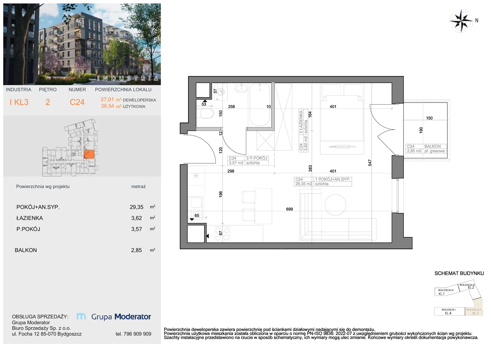 Mieszkanie 36,54 m², piętro 2, oferta nr I-C24, Industria Budynek I-D, Bydgoszcz, Bocianowo, ul. Rycerska 22