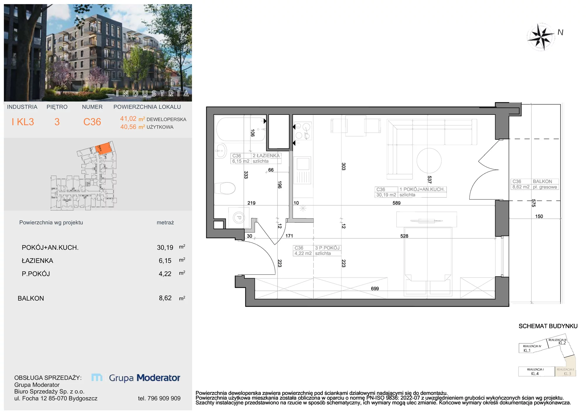 Mieszkanie 40,56 m², piętro 3, oferta nr I-C36, Industria Budynek I-D, Bydgoszcz, Bocianowo, ul. Rycerska 22