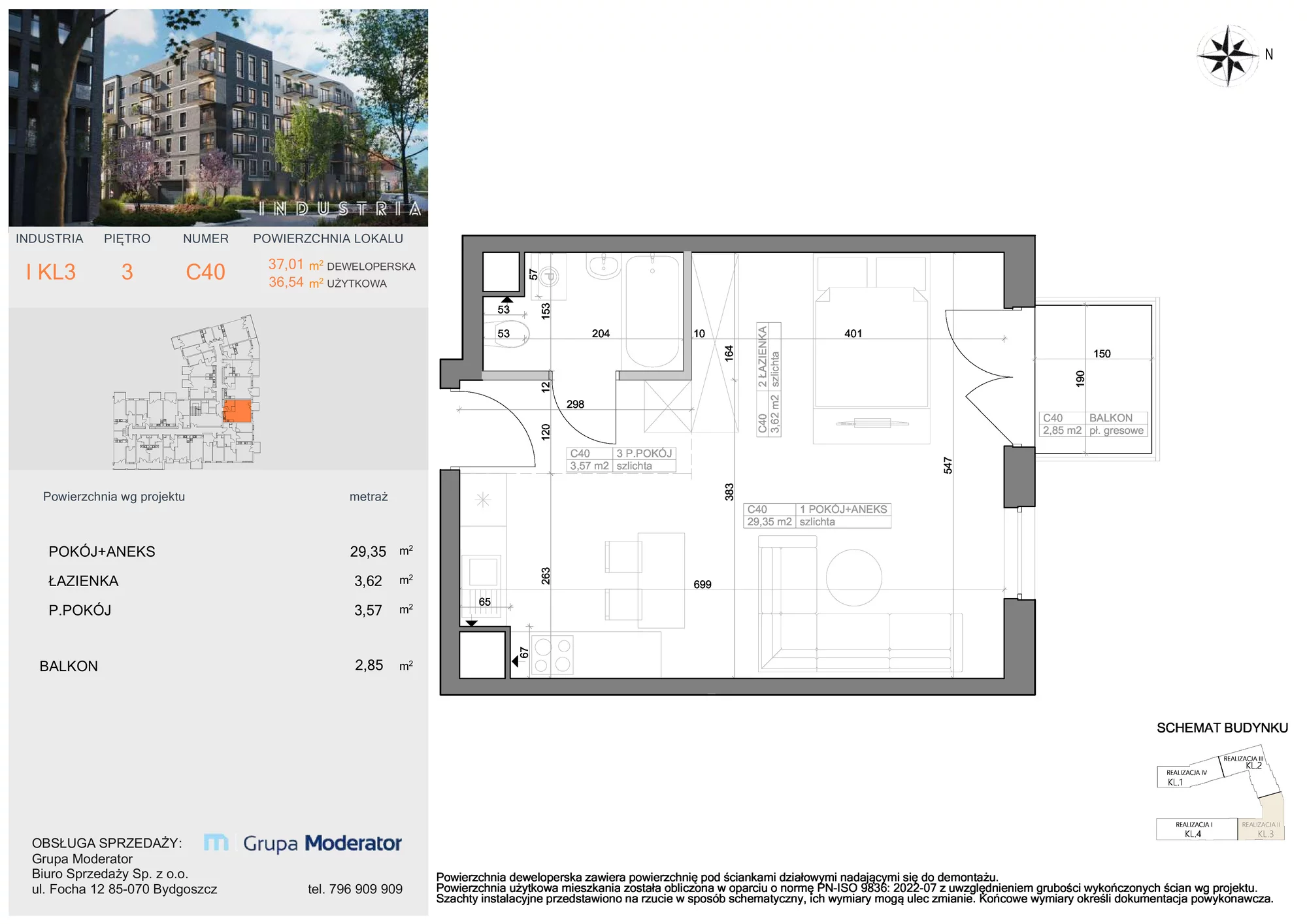 Mieszkanie 36,54 m², piętro 3, oferta nr I-C40, Industria Budynek I-D, Bydgoszcz, Bocianowo, ul. Rycerska 22