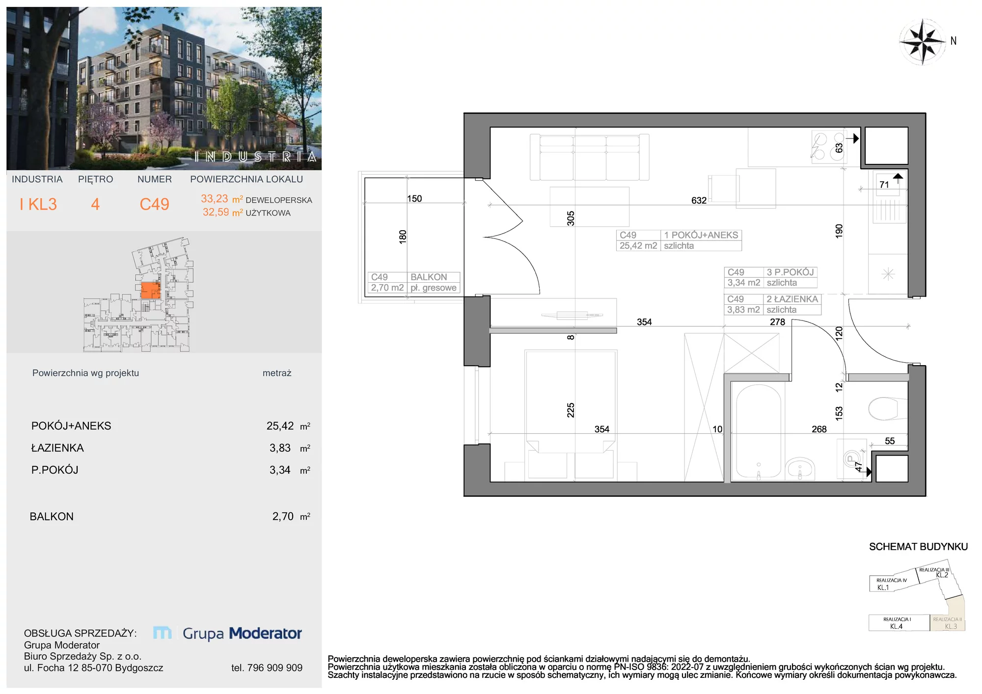 Mieszkanie 32,59 m², piętro 4, oferta nr I-C49, Industria Budynek I-D, Bydgoszcz, Bocianowo, ul. Rycerska 22