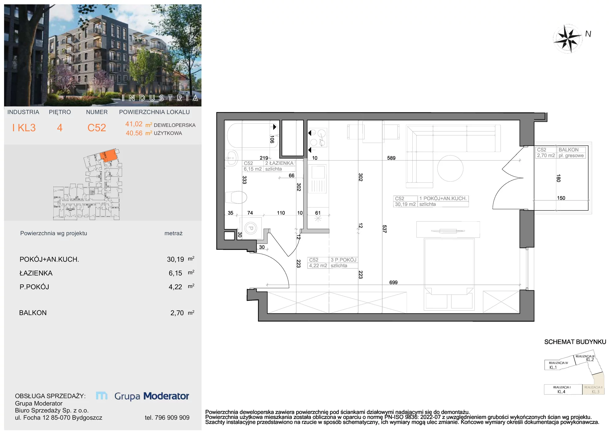 Mieszkanie 40,56 m², piętro 4, oferta nr I-C52, Industria Budynek I-D, Bydgoszcz, Bocianowo, ul. Rycerska 22