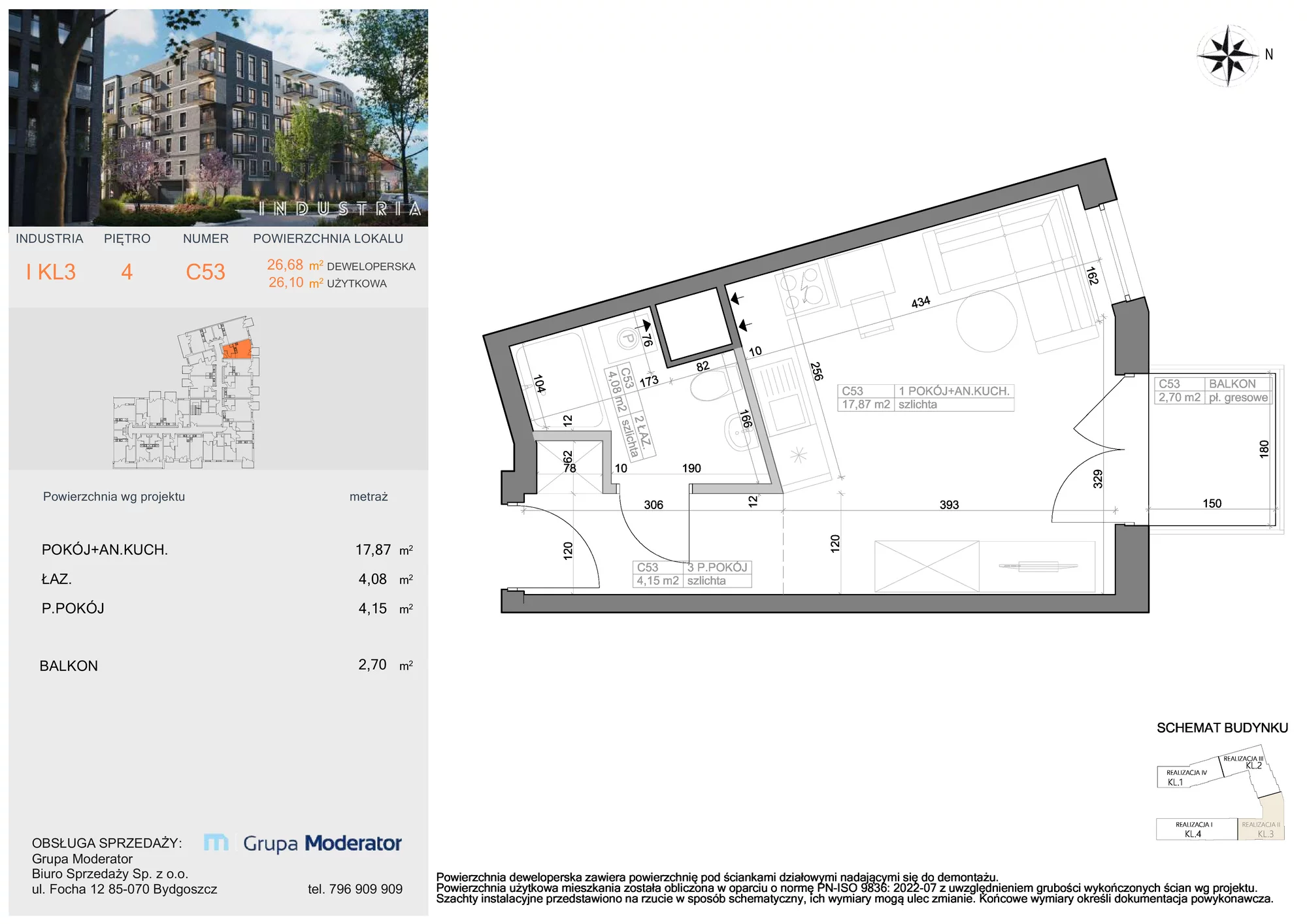 Mieszkanie 26,10 m², piętro 4, oferta nr I-C53, Industria Budynek I-D, Bydgoszcz, Bocianowo, ul. Rycerska 22