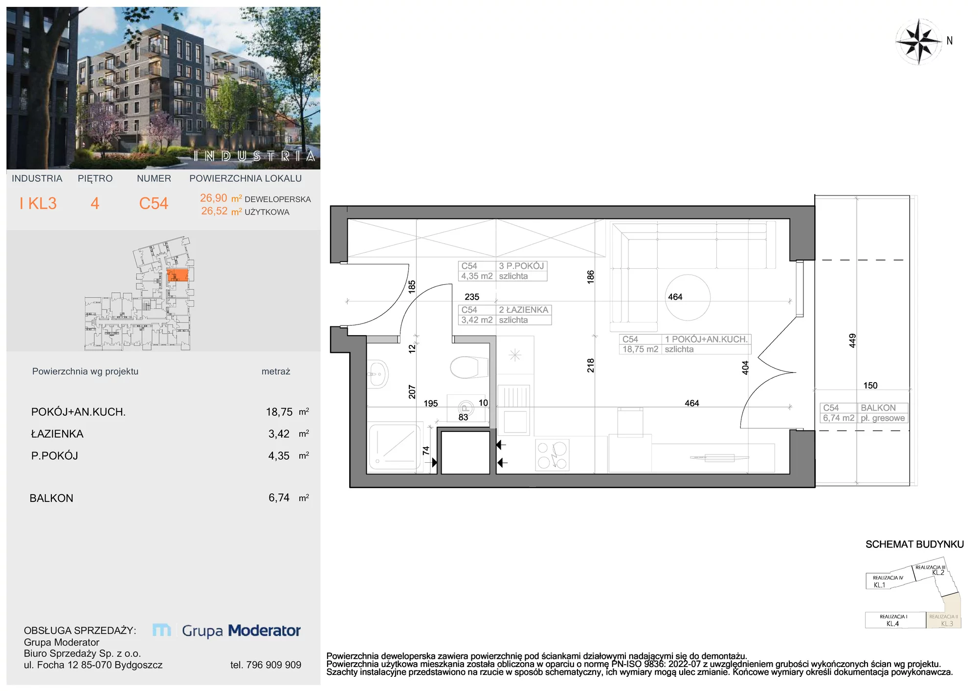 Mieszkanie 26,52 m², piętro 4, oferta nr I-C54, Industria Budynek I-D, Bydgoszcz, Bocianowo, ul. Rycerska 22