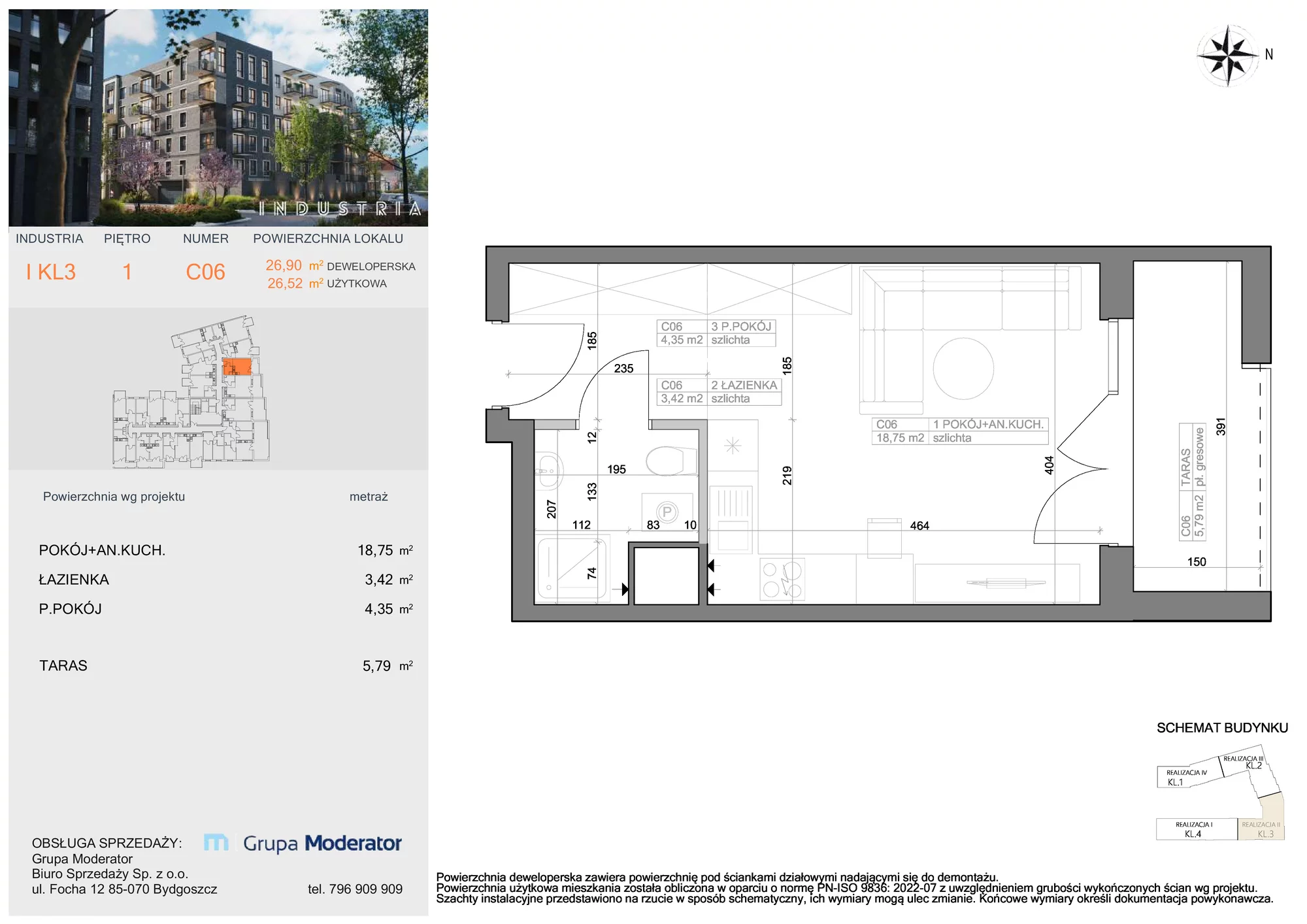 Mieszkanie 26,52 m², piętro 1, oferta nr I-C6, Industria Budynek I-D, Bydgoszcz, Bocianowo, ul. Rycerska 22