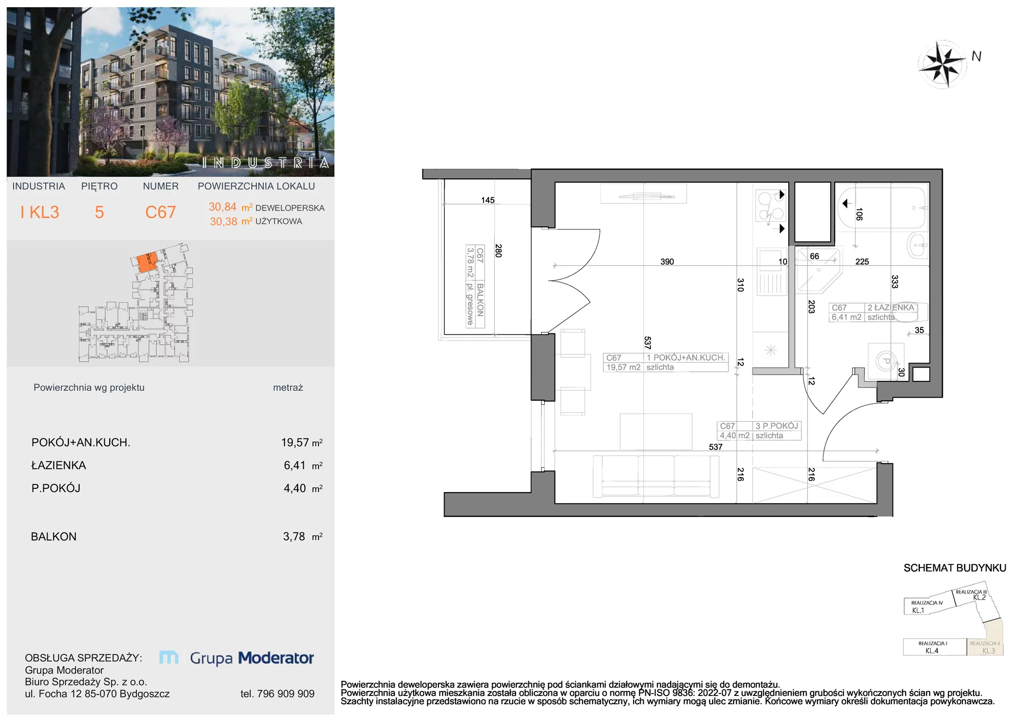 Mieszkanie 30,38 m², piętro 5, oferta nr I-C67, Industria Budynek I-D, Bydgoszcz, Bocianowo, ul. Rycerska 22