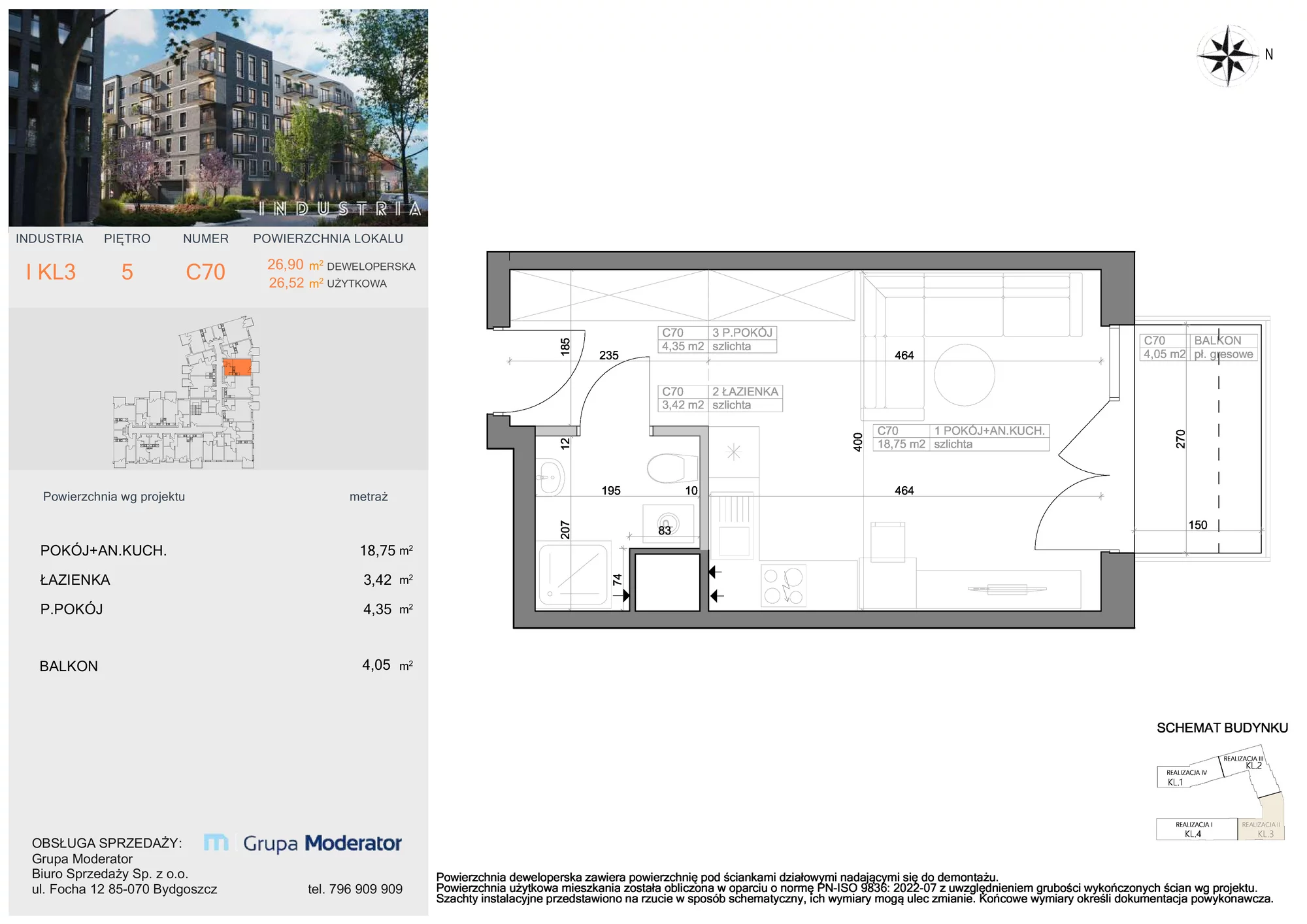 Mieszkanie 26,52 m², piętro 5, oferta nr I-C70, Industria Budynek I-D, Bydgoszcz, Bocianowo, ul. Rycerska 22