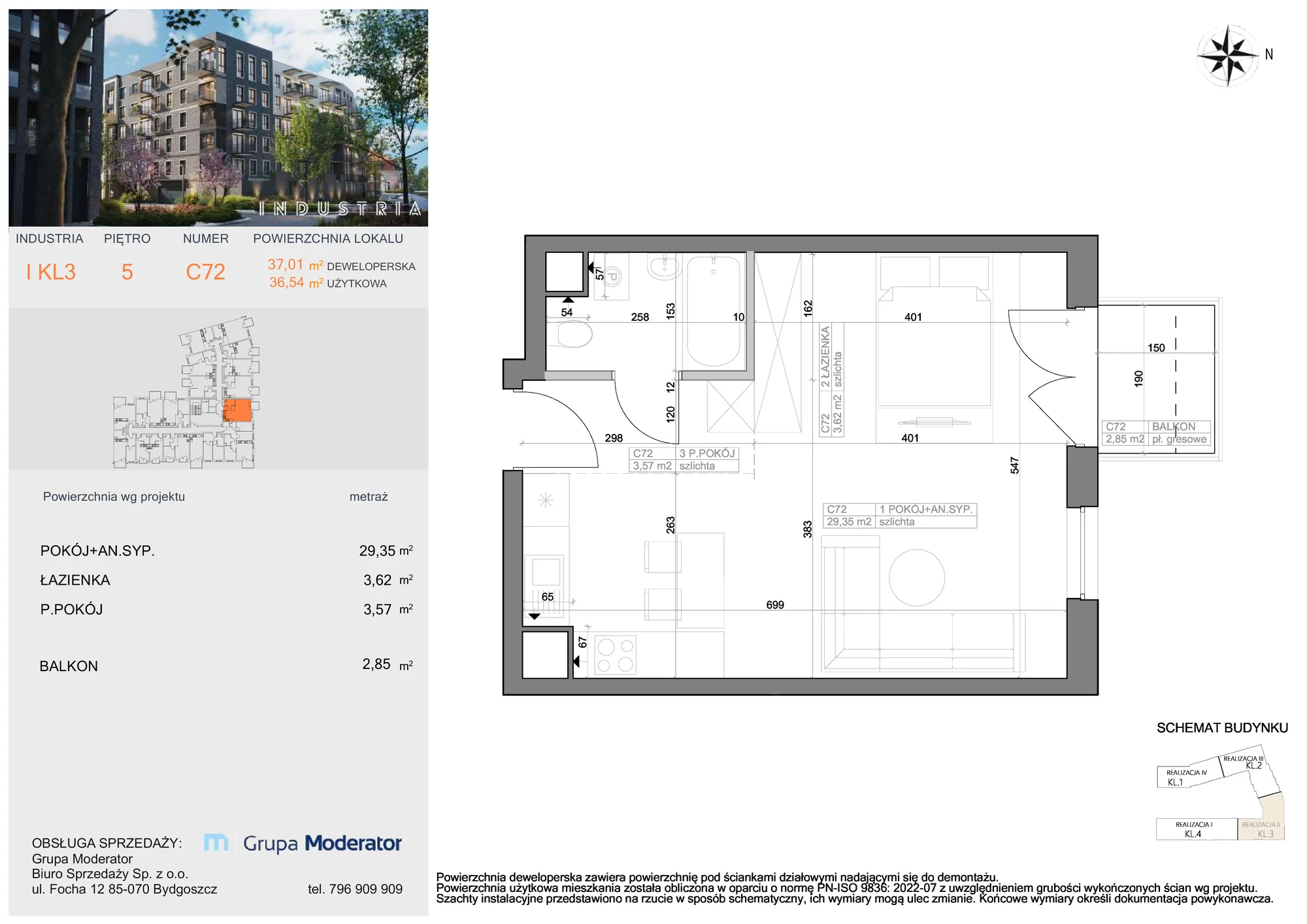 Mieszkanie 36,54 m², piętro 5, oferta nr I-C72, Industria Budynek I-D, Bydgoszcz, Bocianowo, ul. Rycerska 22