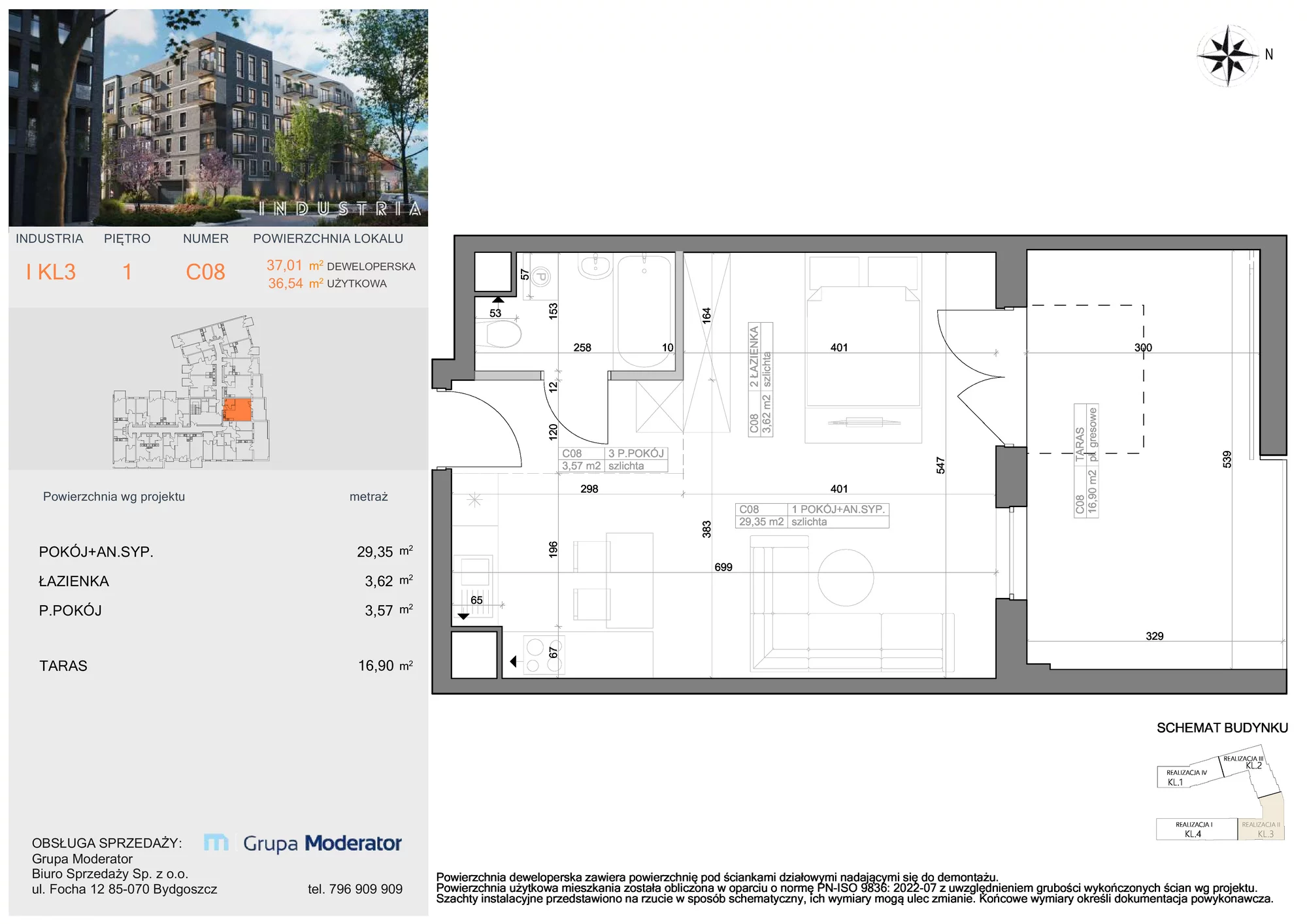 Mieszkanie 36,54 m², piętro 1, oferta nr I-C8, Industria Budynek I-D, Bydgoszcz, Bocianowo, ul. Rycerska 22