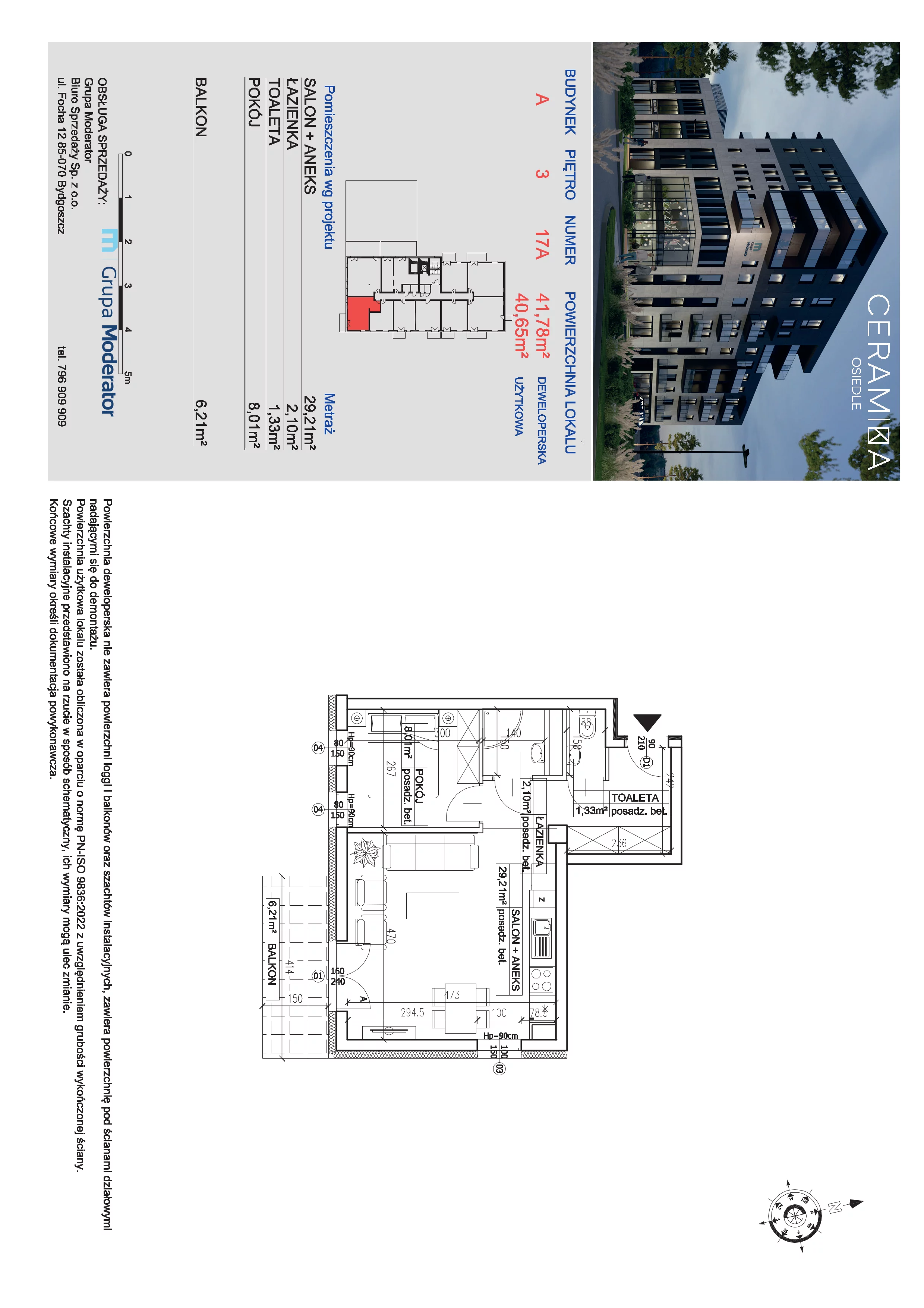 2 pokoje, mieszkanie 40,65 m², piętro 3, oferta nr 17A, Ceramika, Bydgoszcz, Bartodzieje, ul. Fordońska 19