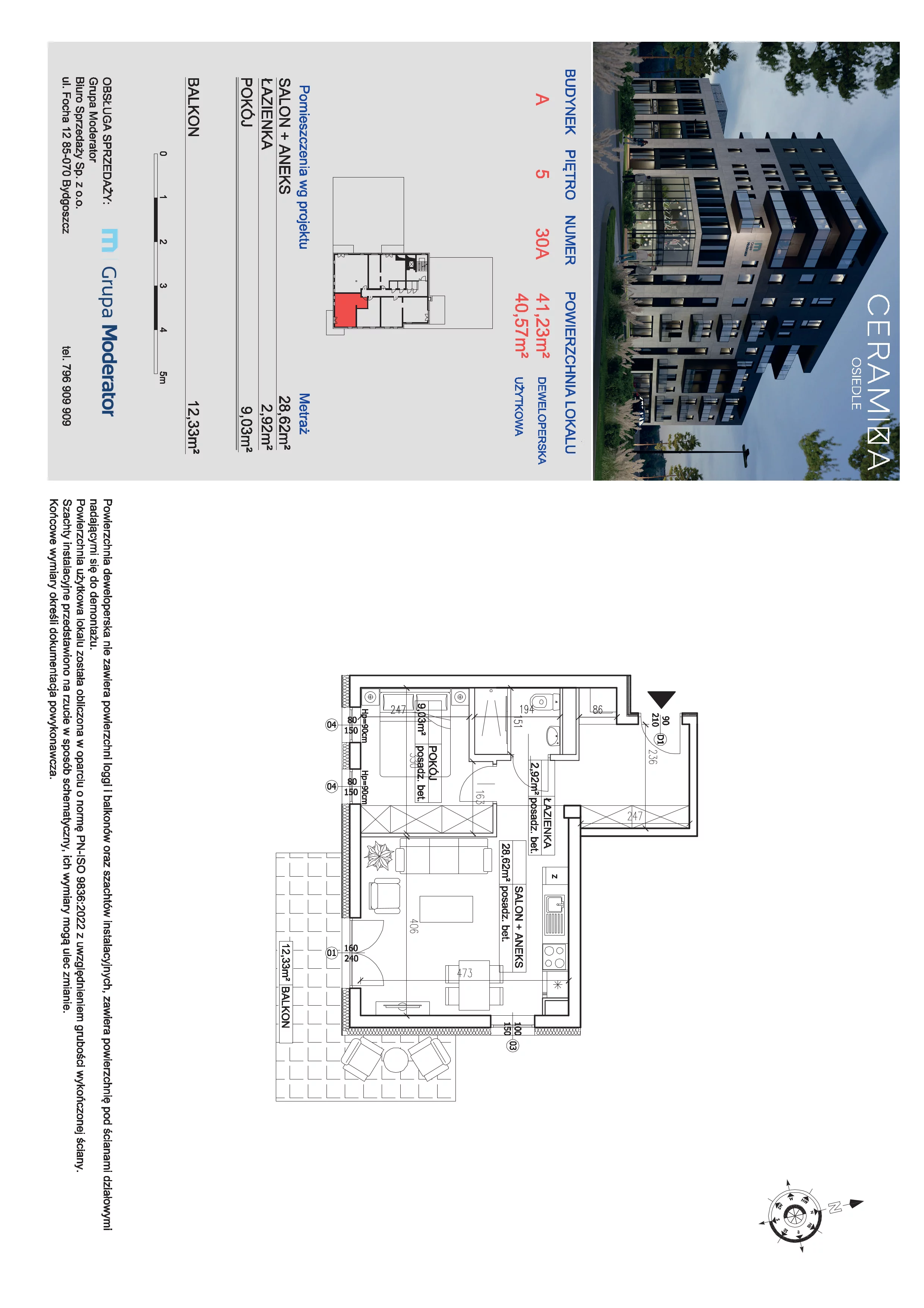2 pokoje, mieszkanie 40,57 m², piętro 5, oferta nr 30A, Ceramika, Bydgoszcz, Bartodzieje, ul. Fordońska 19