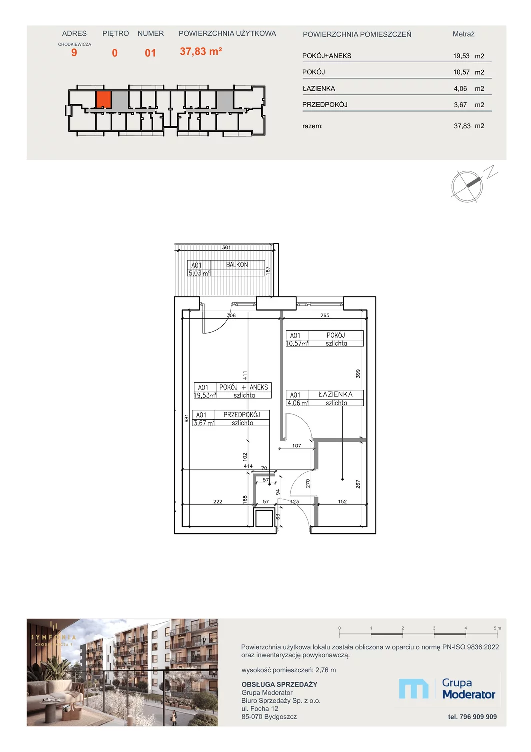 Mieszkanie 37,83 m², parter, oferta nr A1, Osiedle Symfonia, Bydgoszcz, Bielawy, ul. Jana Karola Chodkiewicza 9