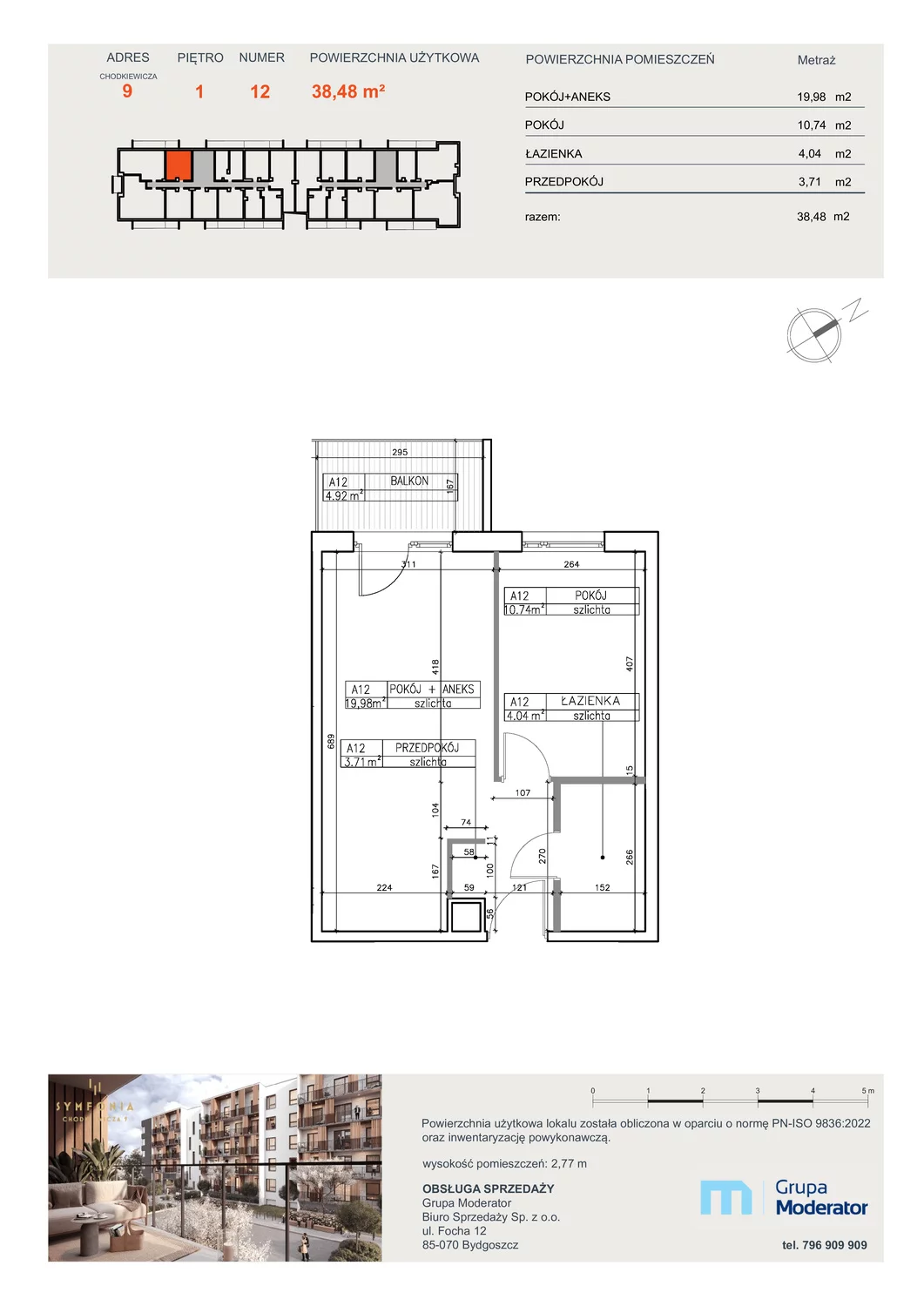 Mieszkanie 38,48 m², piętro 1, oferta nr A12, Osiedle Symfonia, Bydgoszcz, Bielawy, ul. Jana Karola Chodkiewicza 9