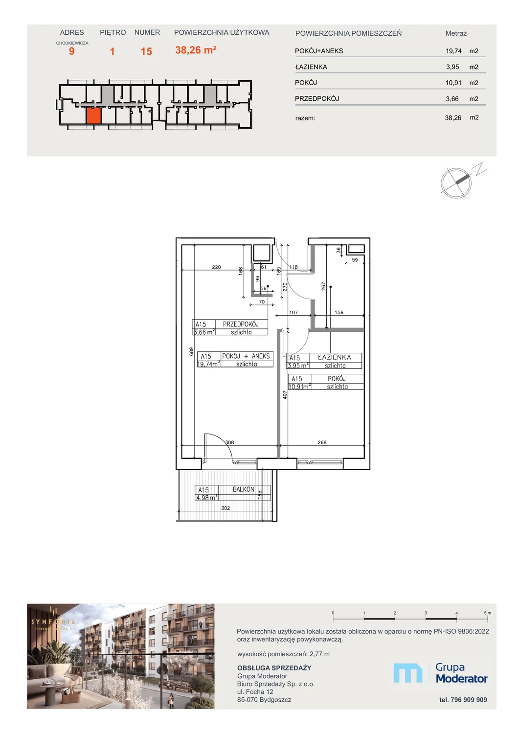 Mieszkanie 38,26 m², piętro 1, oferta nr A15, Osiedle Symfonia, Bydgoszcz, Bielawy, ul. Jana Karola Chodkiewicza 9