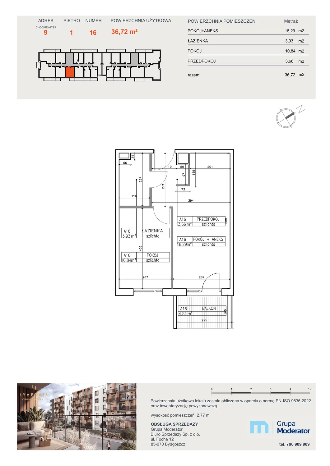 2 pokoje, mieszkanie 36,72 m², piętro 1, oferta nr A16, Osiedle Symfonia, Bydgoszcz, Bielawy, ul. Jana Karola Chodkiewicza 9