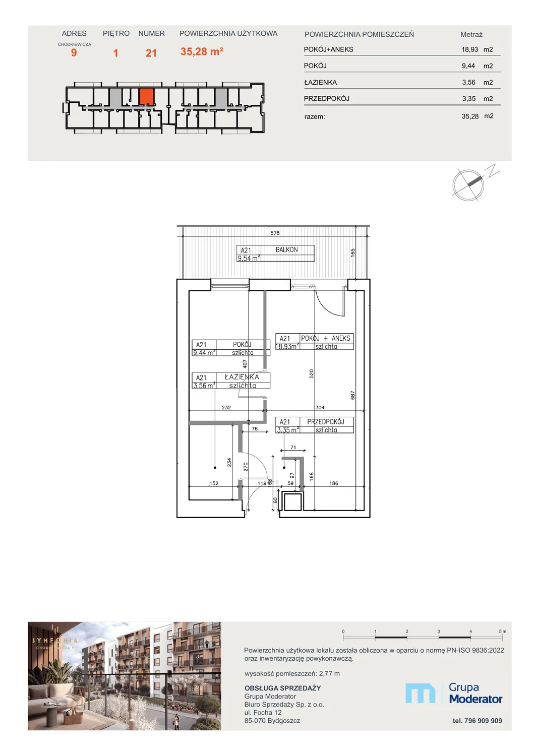 Mieszkanie 35,28 m², piętro 1, oferta nr A21, Osiedle Symfonia, Bydgoszcz, Bielawy, ul. Jana Karola Chodkiewicza 9