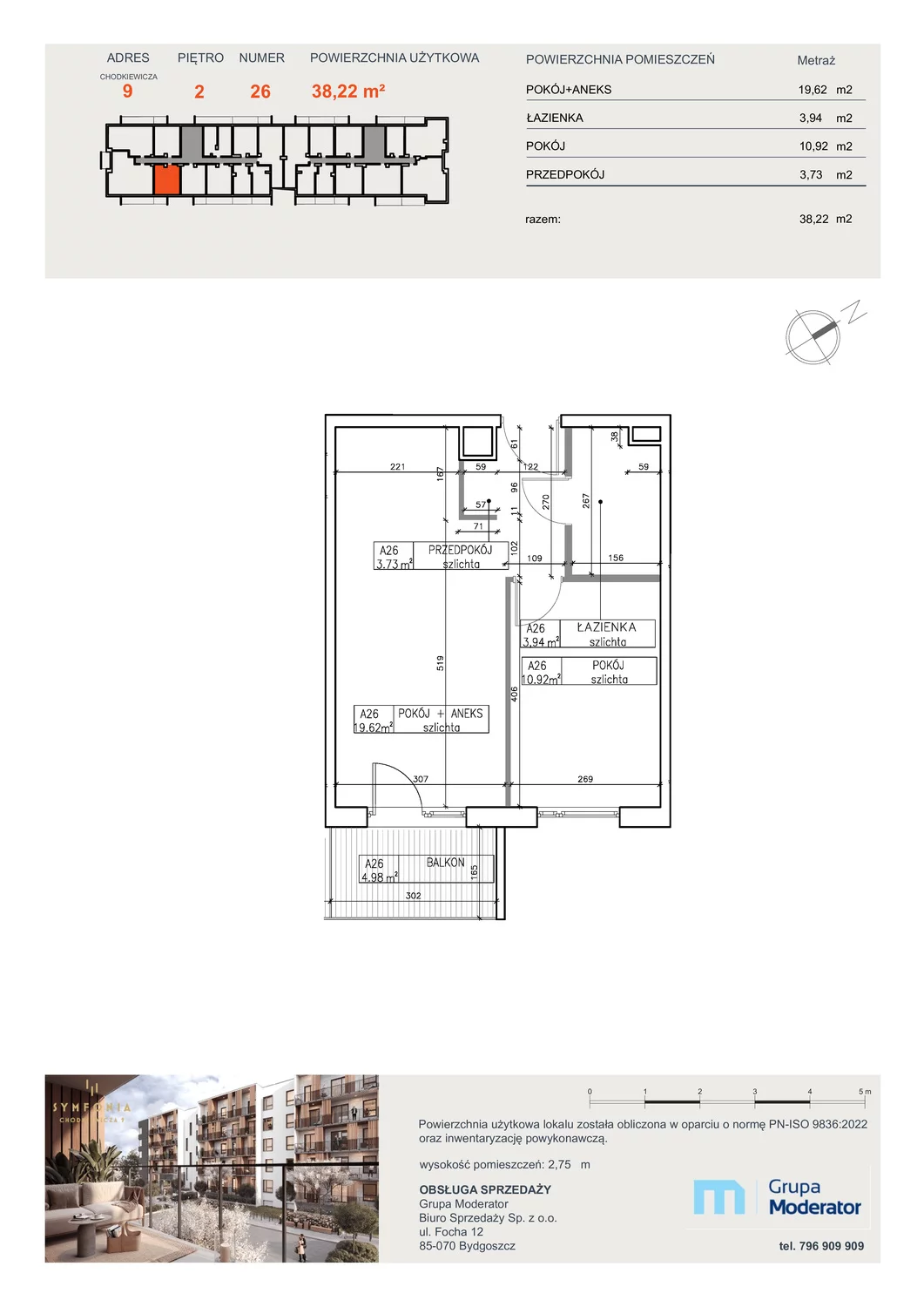 Mieszkanie 38,22 m², piętro 2, oferta nr A26, Osiedle Symfonia, Bydgoszcz, Bielawy, ul. Jana Karola Chodkiewicza 9