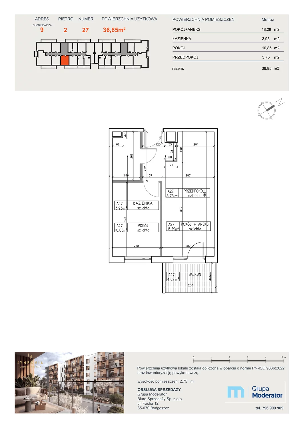 Mieszkanie 36,85 m², piętro 2, oferta nr A27, Osiedle Symfonia, Bydgoszcz, Bielawy, ul. Jana Karola Chodkiewicza 9