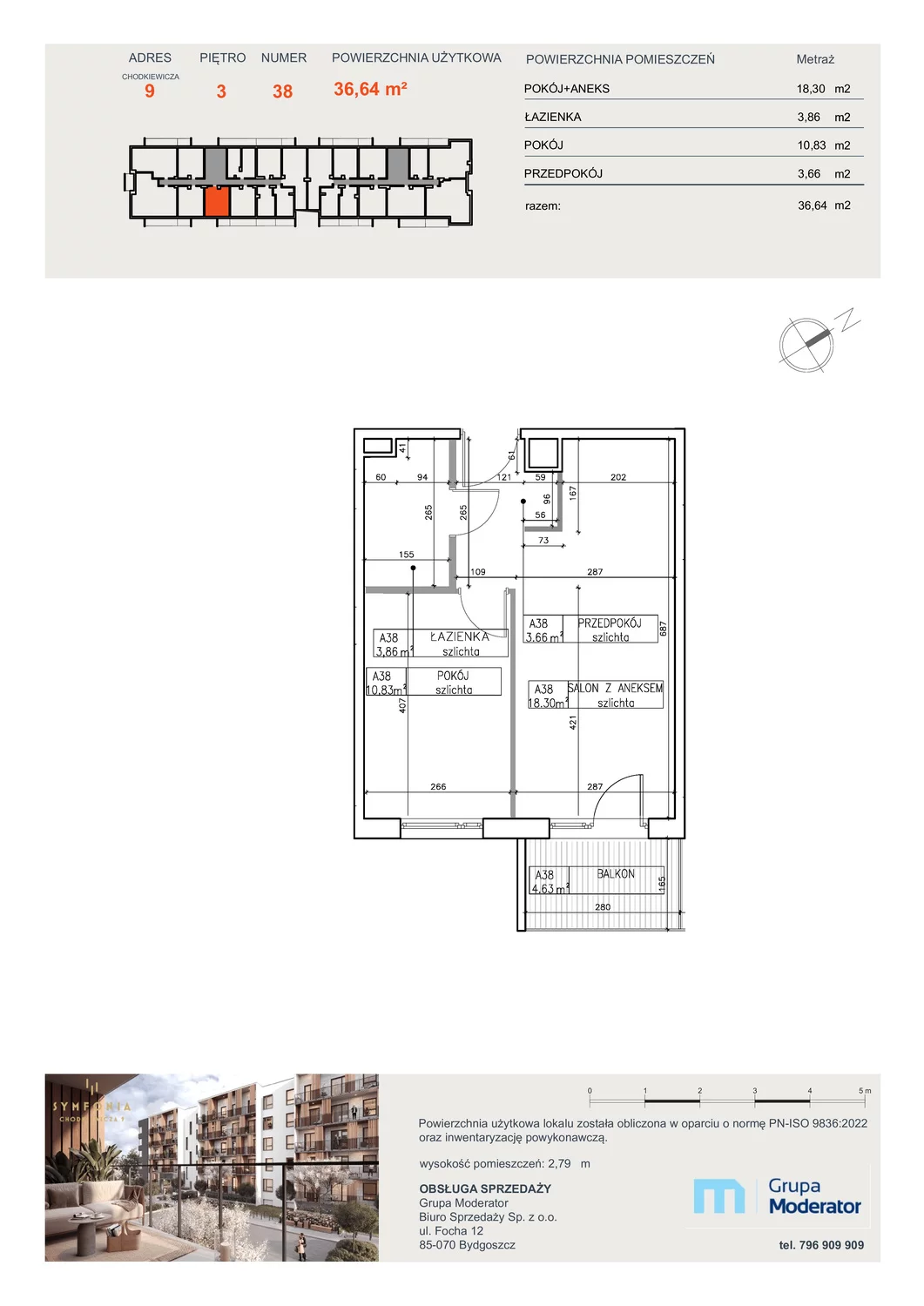 2 pokoje, apartament 36,64 m², piętro 3, oferta nr A38, Osiedle Symfonia, Bydgoszcz, Bielawy, ul. Jana Karola Chodkiewicza 9