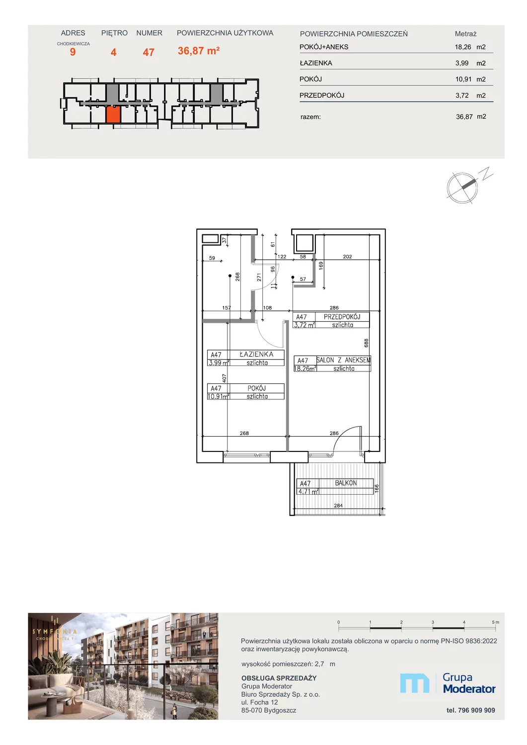 Mieszkanie 36,87 m², piętro 4, oferta nr A47, Osiedle Symfonia, Bydgoszcz, Bielawy, ul. Jana Karola Chodkiewicza 9