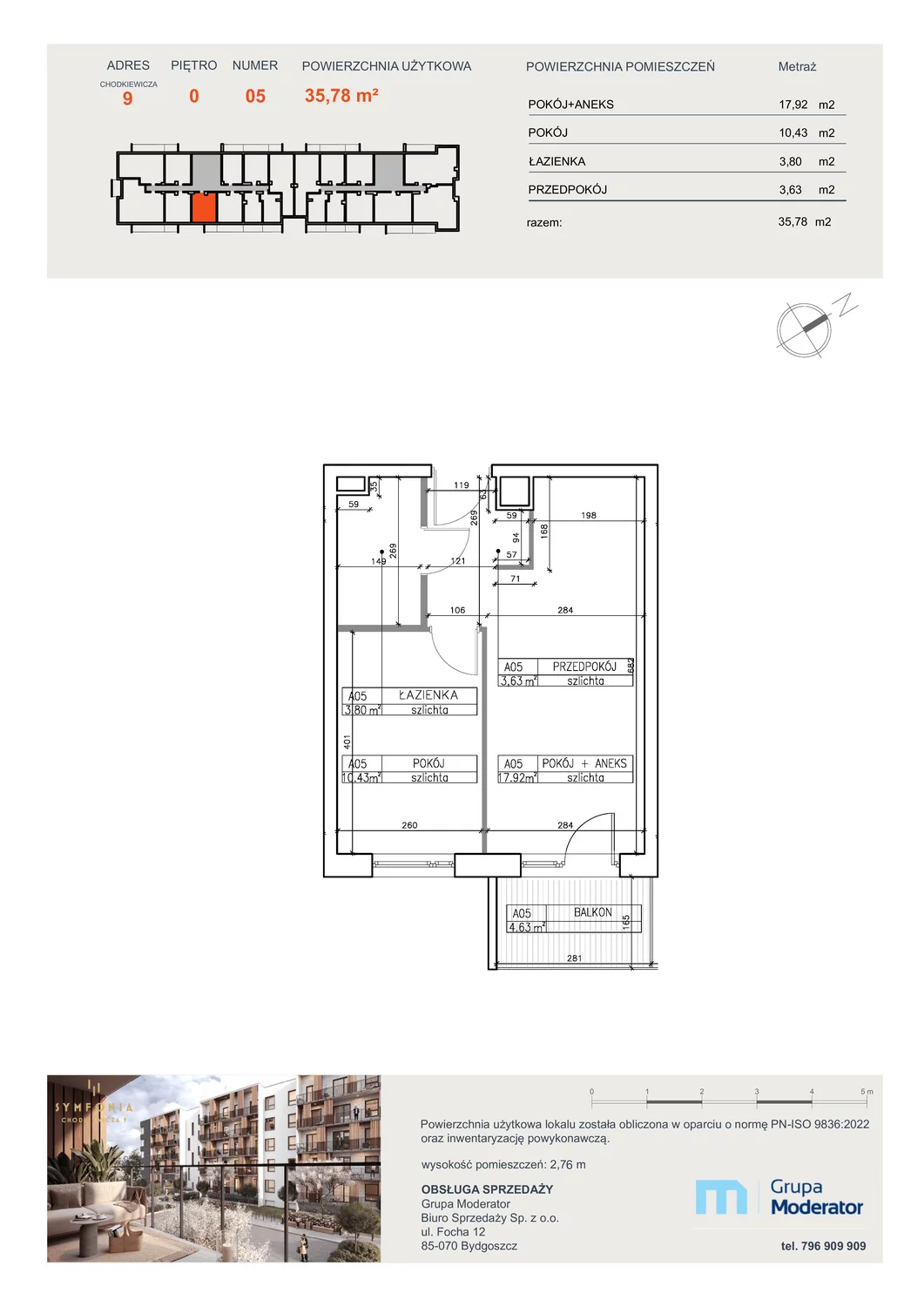 Mieszkanie 35,78 m², parter, oferta nr A5, Osiedle Symfonia, Bydgoszcz, Bielawy, ul. Jana Karola Chodkiewicza 9