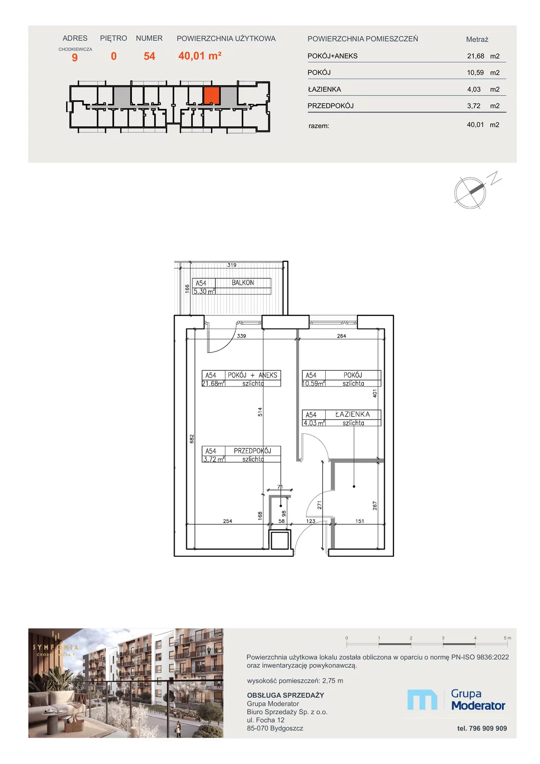 2 pokoje, apartament 40,01 m², parter, oferta nr A54, Osiedle Symfonia, Bydgoszcz, Bielawy, ul. Jana Karola Chodkiewicza 9