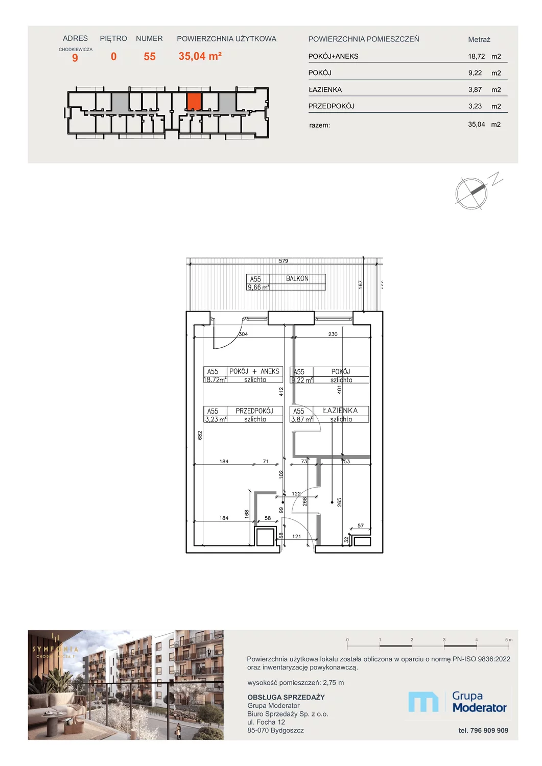 2 pokoje, mieszkanie 35,04 m², parter, oferta nr A55, Osiedle Symfonia, Bydgoszcz, Bielawy, ul. Jana Karola Chodkiewicza 9