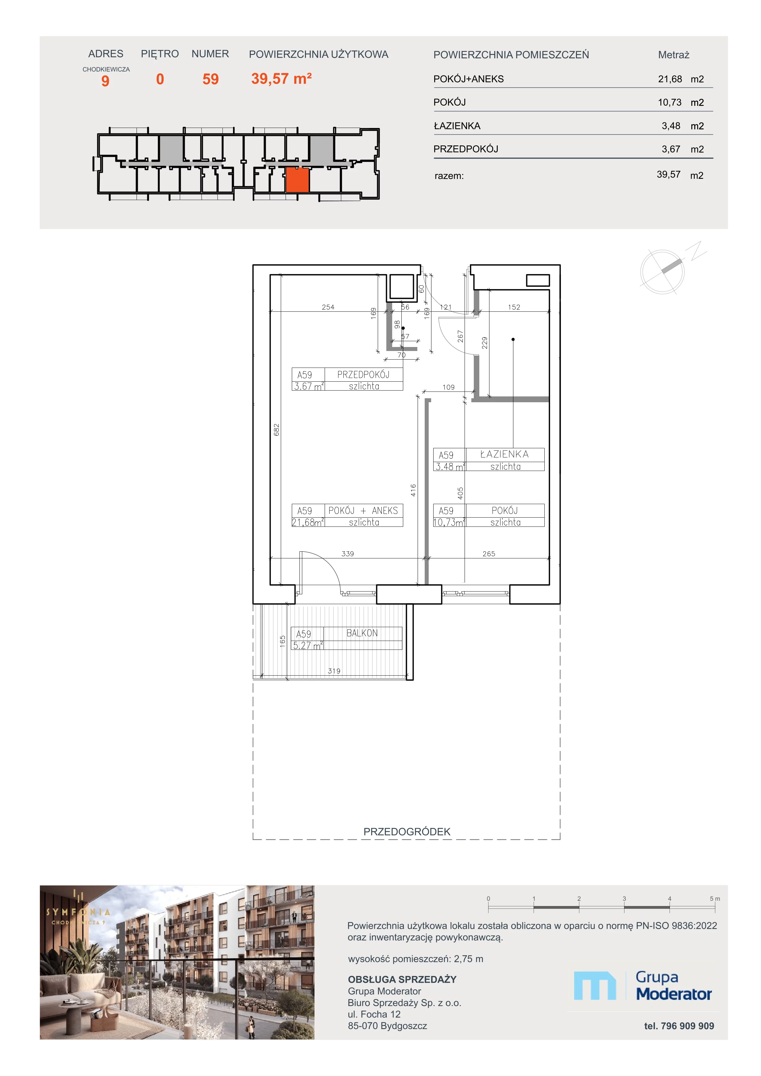 2 pokoje, apartament 39,57 m², parter, oferta nr A59, Osiedle Symfonia, Bydgoszcz, Bielawy, ul. Jana Karola Chodkiewicza 9