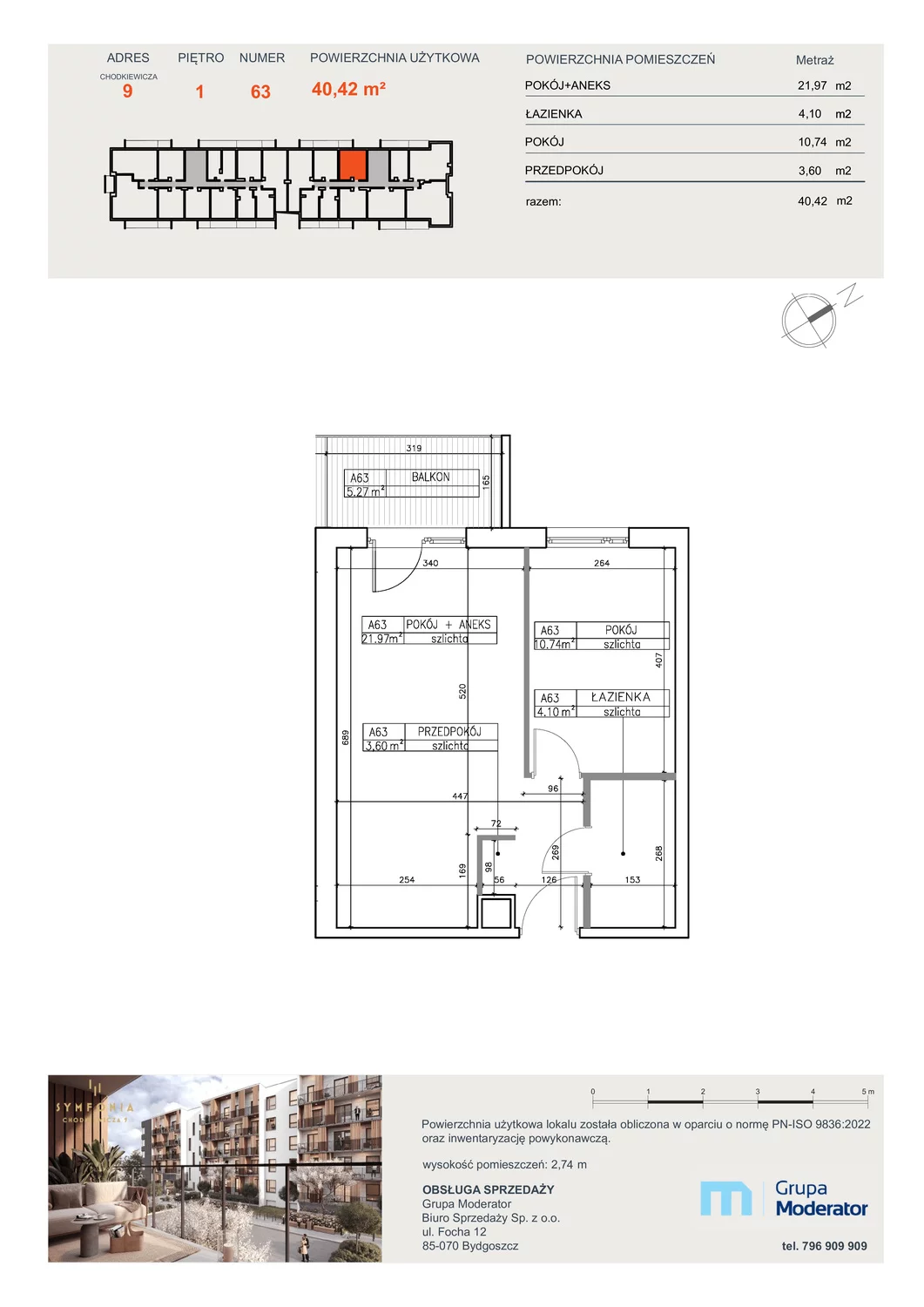 Mieszkanie 40,42 m², piętro 1, oferta nr A63, Osiedle Symfonia, Bydgoszcz, Bielawy, ul. Jana Karola Chodkiewicza 9