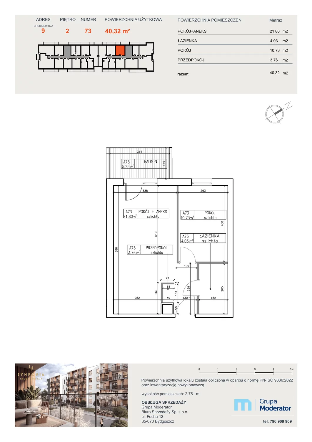 2 pokoje, apartament 40,32 m², piętro 2, oferta nr A73, Osiedle Symfonia, Bydgoszcz, Bielawy, ul. Jana Karola Chodkiewicza 9