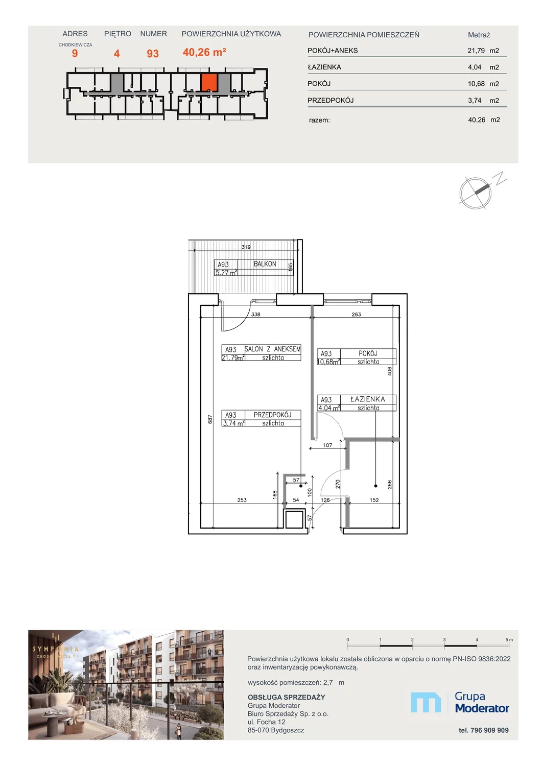 Mieszkanie 40,26 m², piętro 4, oferta nr A93, Osiedle Symfonia, Bydgoszcz, Bielawy, ul. Jana Karola Chodkiewicza 9