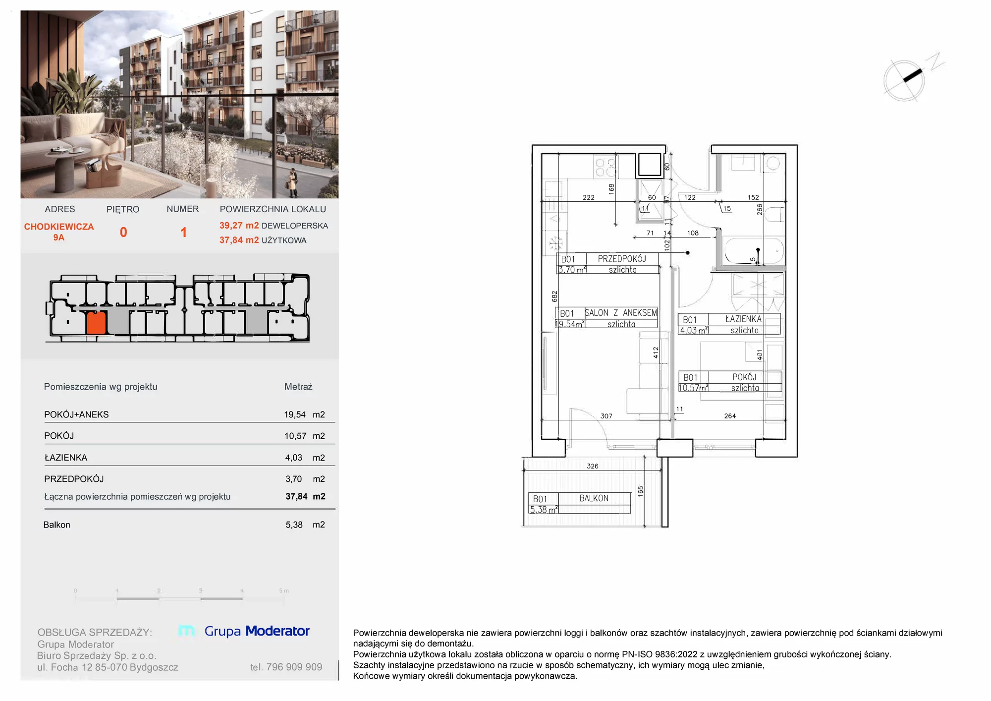 2 pokoje, apartament 37,84 m², parter, oferta nr B1, Osiedle Symfonia, Bydgoszcz, Bielawy, ul. Jana Karola Chodkiewicza 9