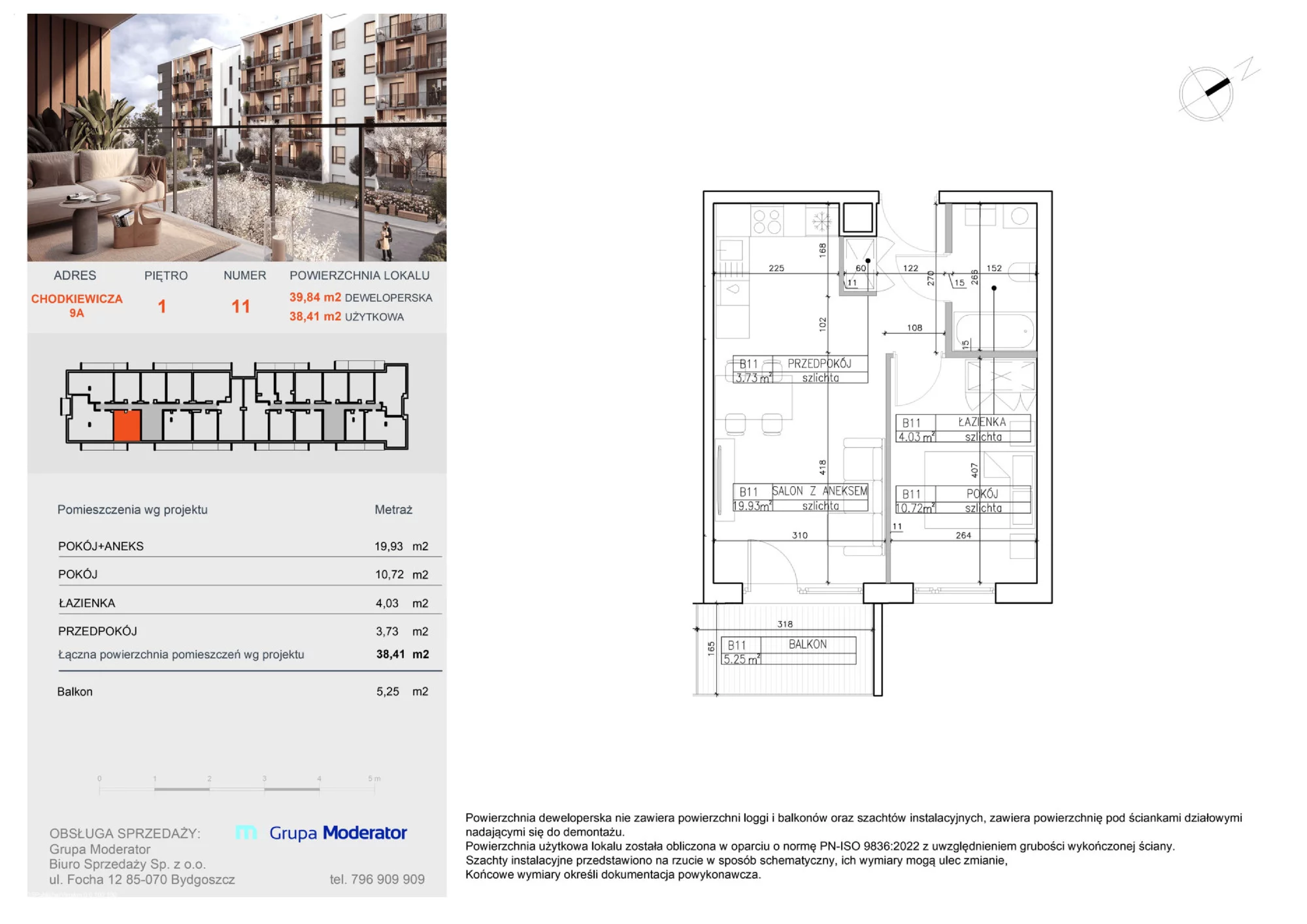 2 pokoje, mieszkanie 49,45 m², piętro 1, oferta nr B11, Osiedle Symfonia, Bydgoszcz, Bielawy, ul. Jana Karola Chodkiewicza 9