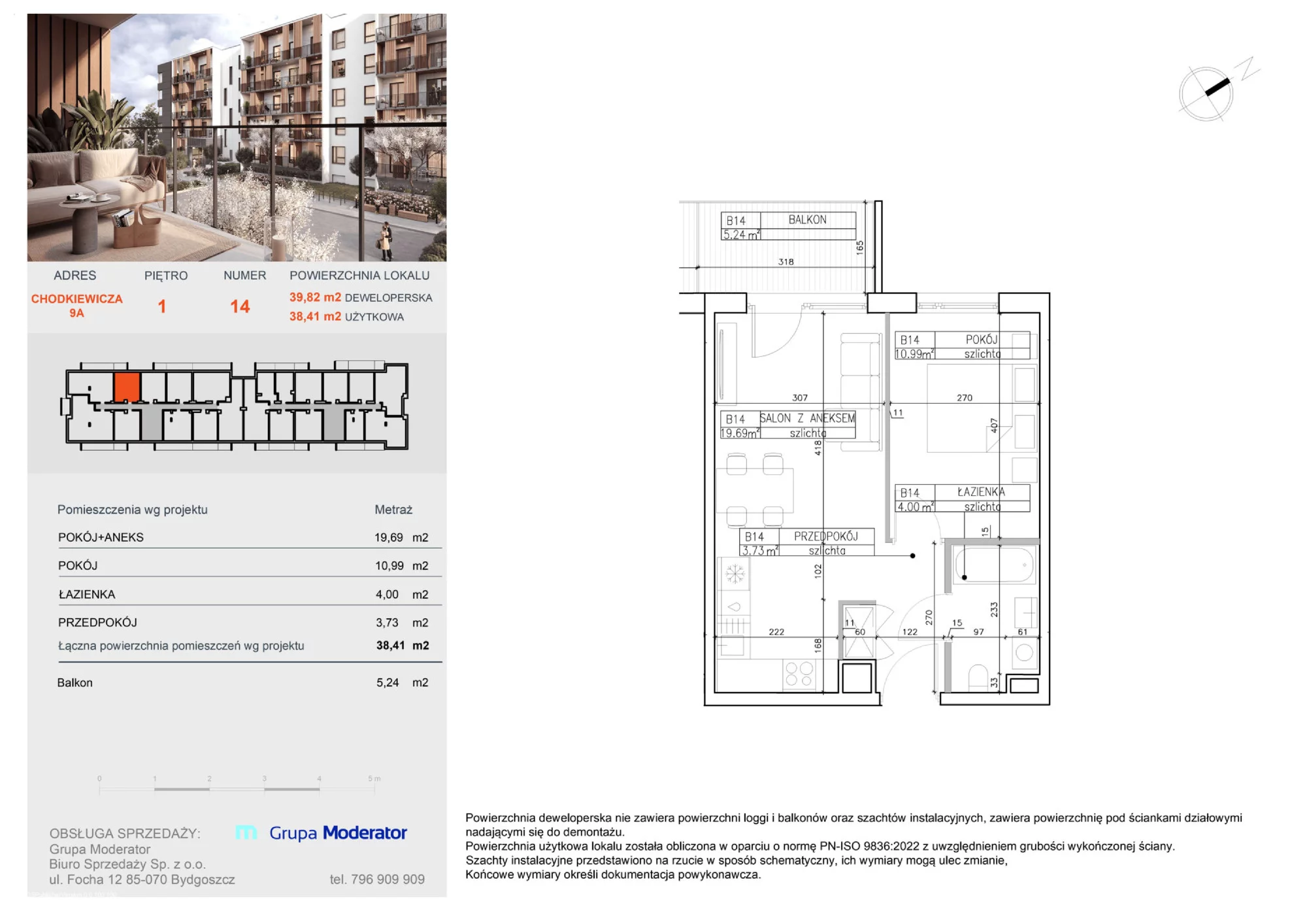 2 pokoje, apartament 38,60 m², piętro 1, oferta nr B14, Osiedle Symfonia, Bydgoszcz, Bielawy, ul. Jana Karola Chodkiewicza 9