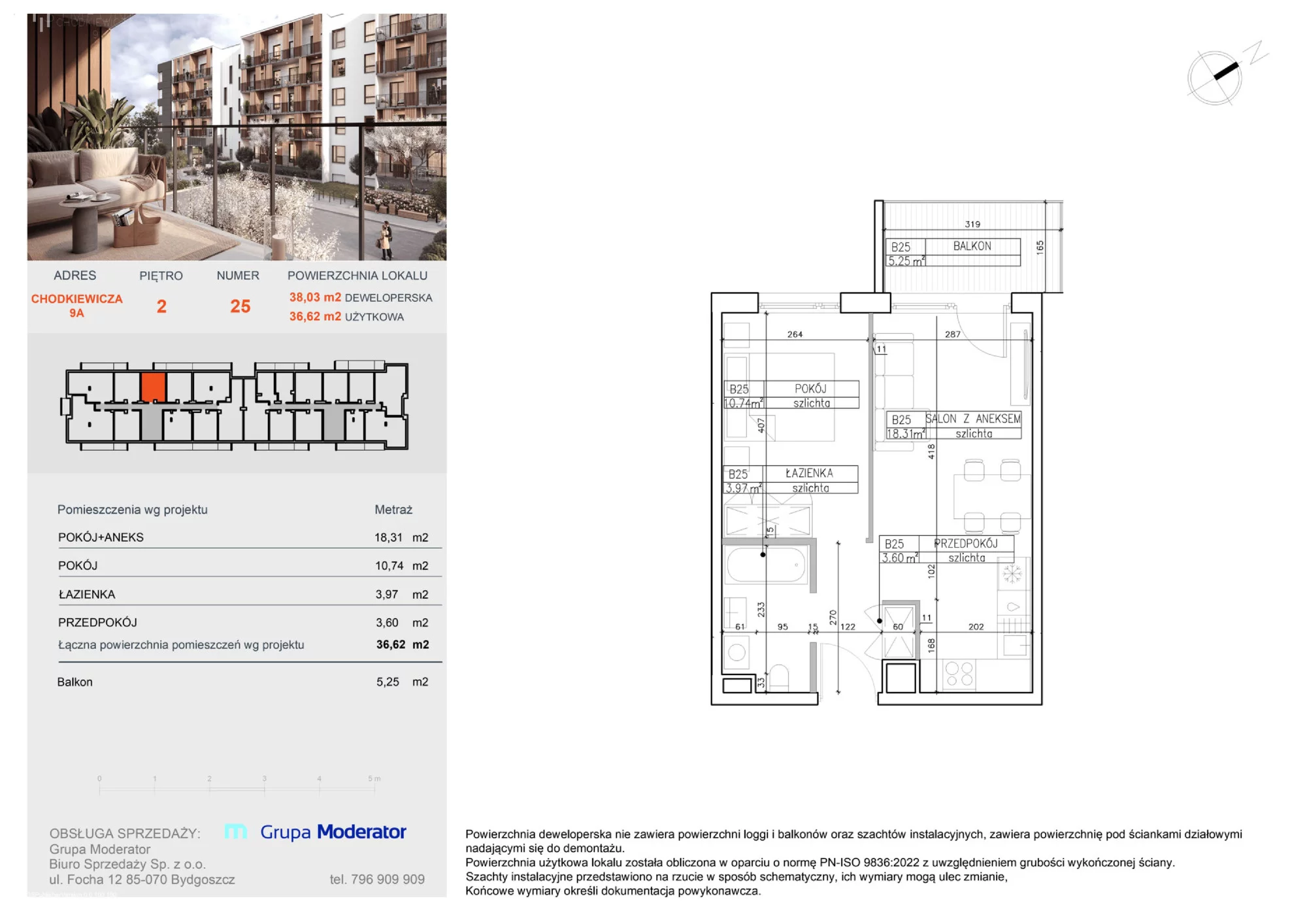 Apartament 36,62 m², piętro 2, oferta nr B25, Osiedle Symfonia, Bydgoszcz, Bielawy, ul. Jana Karola Chodkiewicza 9