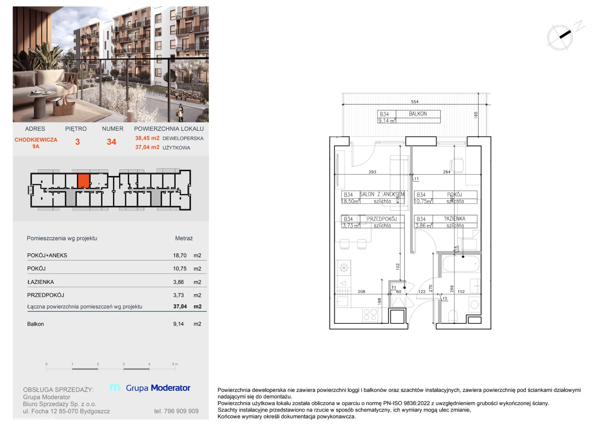 2 pokoje, mieszkanie 37,04 m², piętro 3, oferta nr B34, Osiedle Symfonia, Bydgoszcz, Bielawy, ul. Jana Karola Chodkiewicza 9