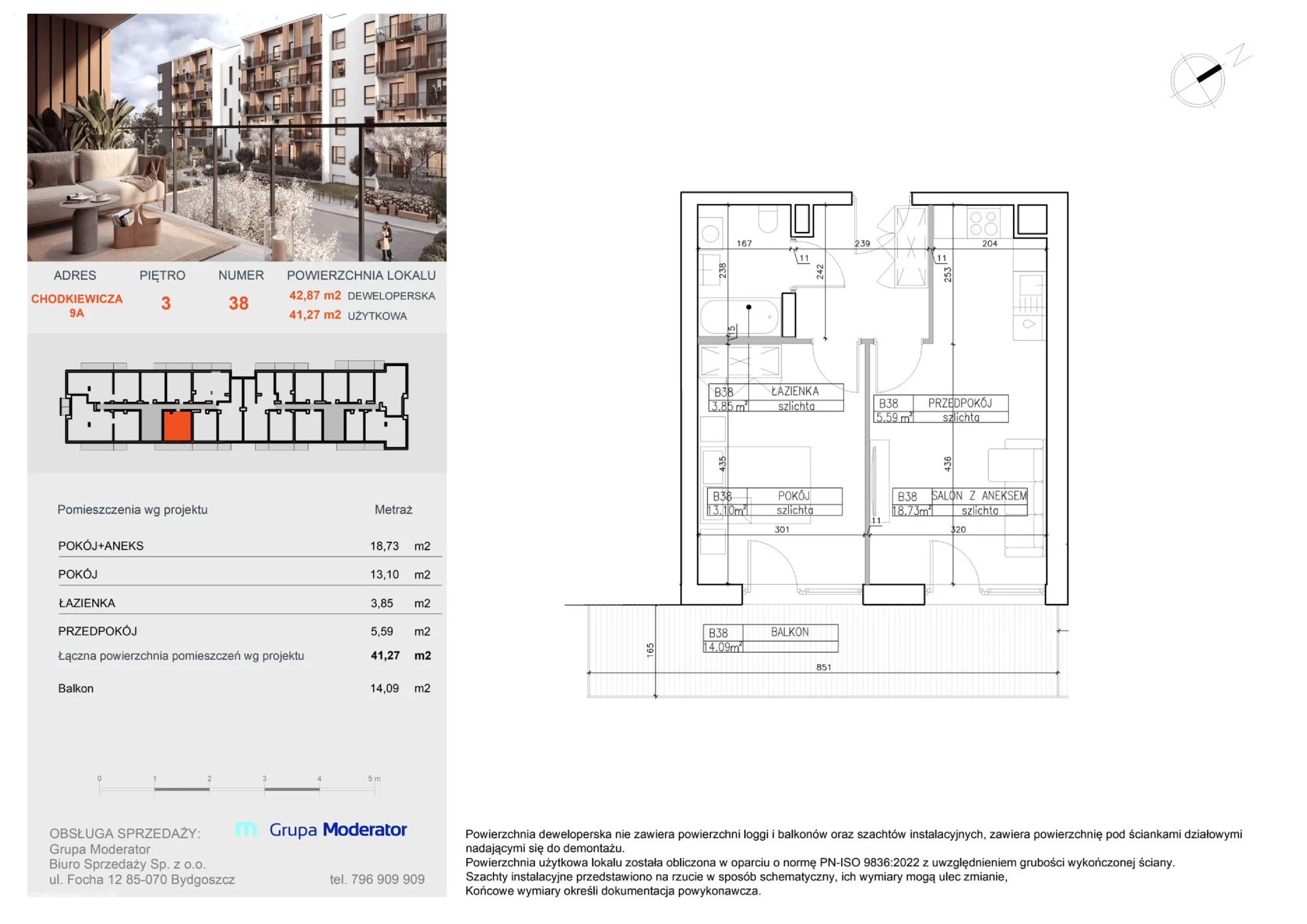 Apartament 41,27 m², piętro 3, oferta nr B38, Osiedle Symfonia, Bydgoszcz, Bielawy, ul. Jana Karola Chodkiewicza 9