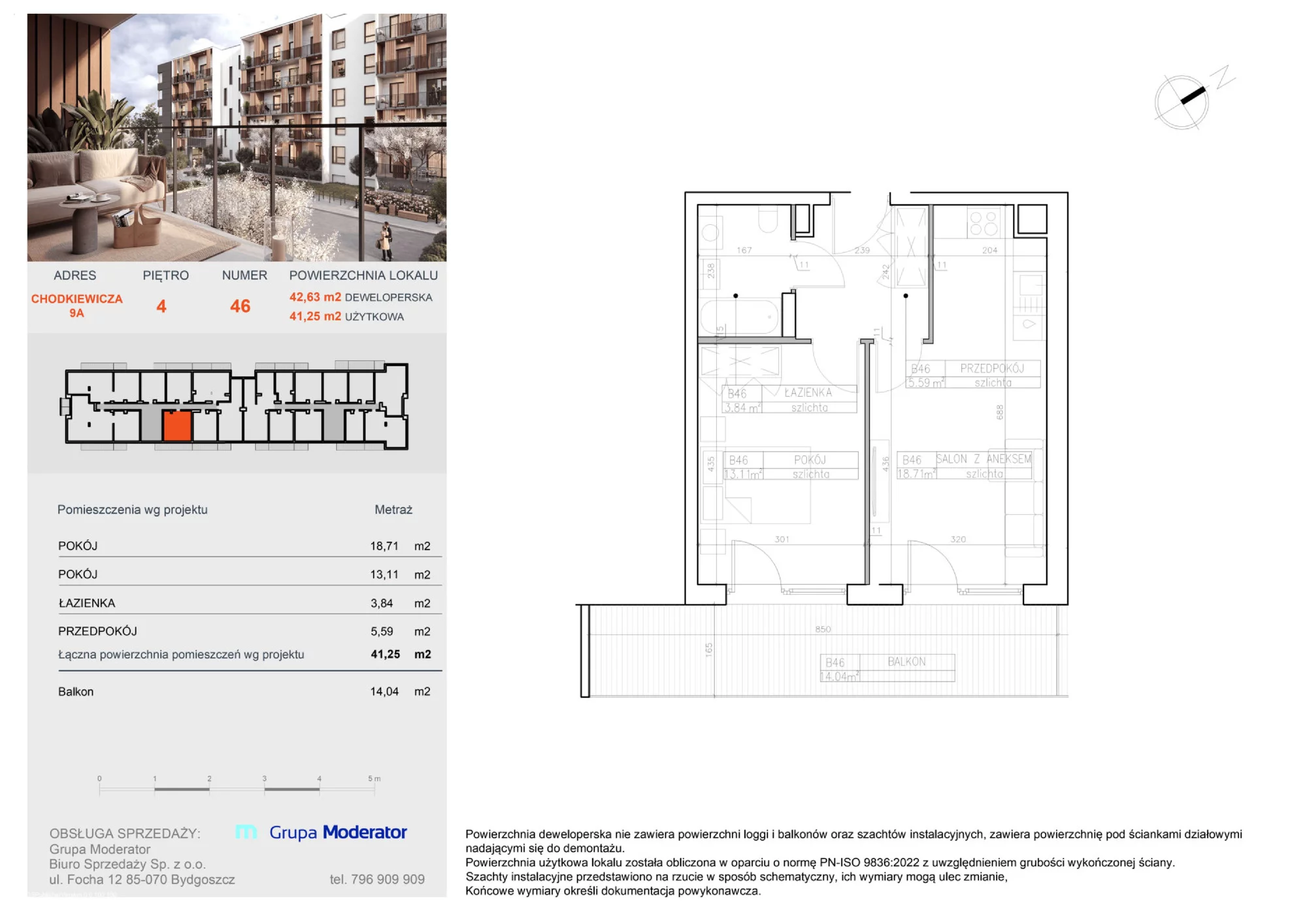 2 pokoje, mieszkanie 41,66 m², piętro 4, oferta nr B46, Osiedle Symfonia, Bydgoszcz, Bielawy, ul. Jana Karola Chodkiewicza 9