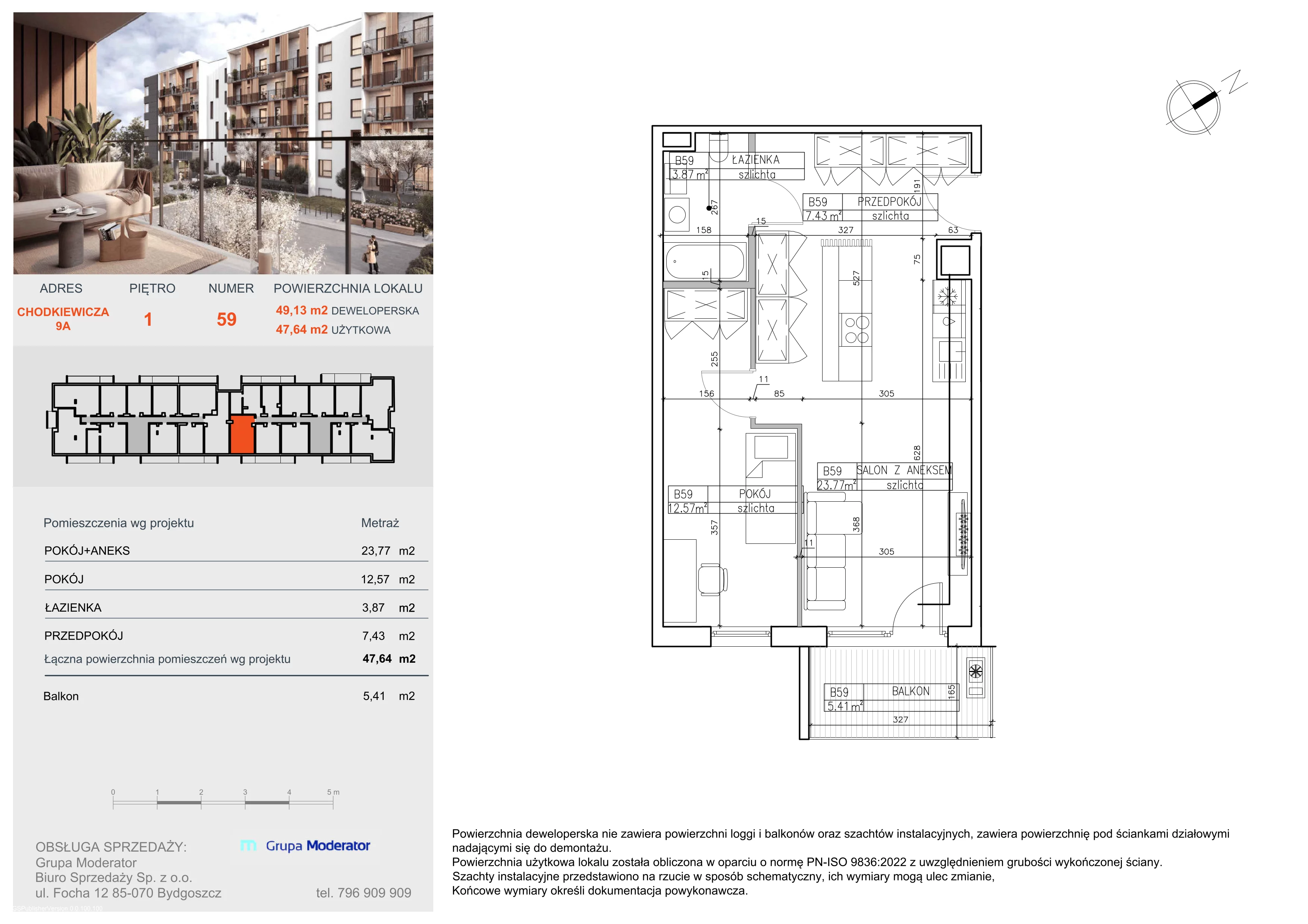 2 pokoje, mieszkanie 47,64 m², piętro 1, oferta nr B59, Osiedle Symfonia, Bydgoszcz, Bielawy, ul. Jana Karola Chodkiewicza 9