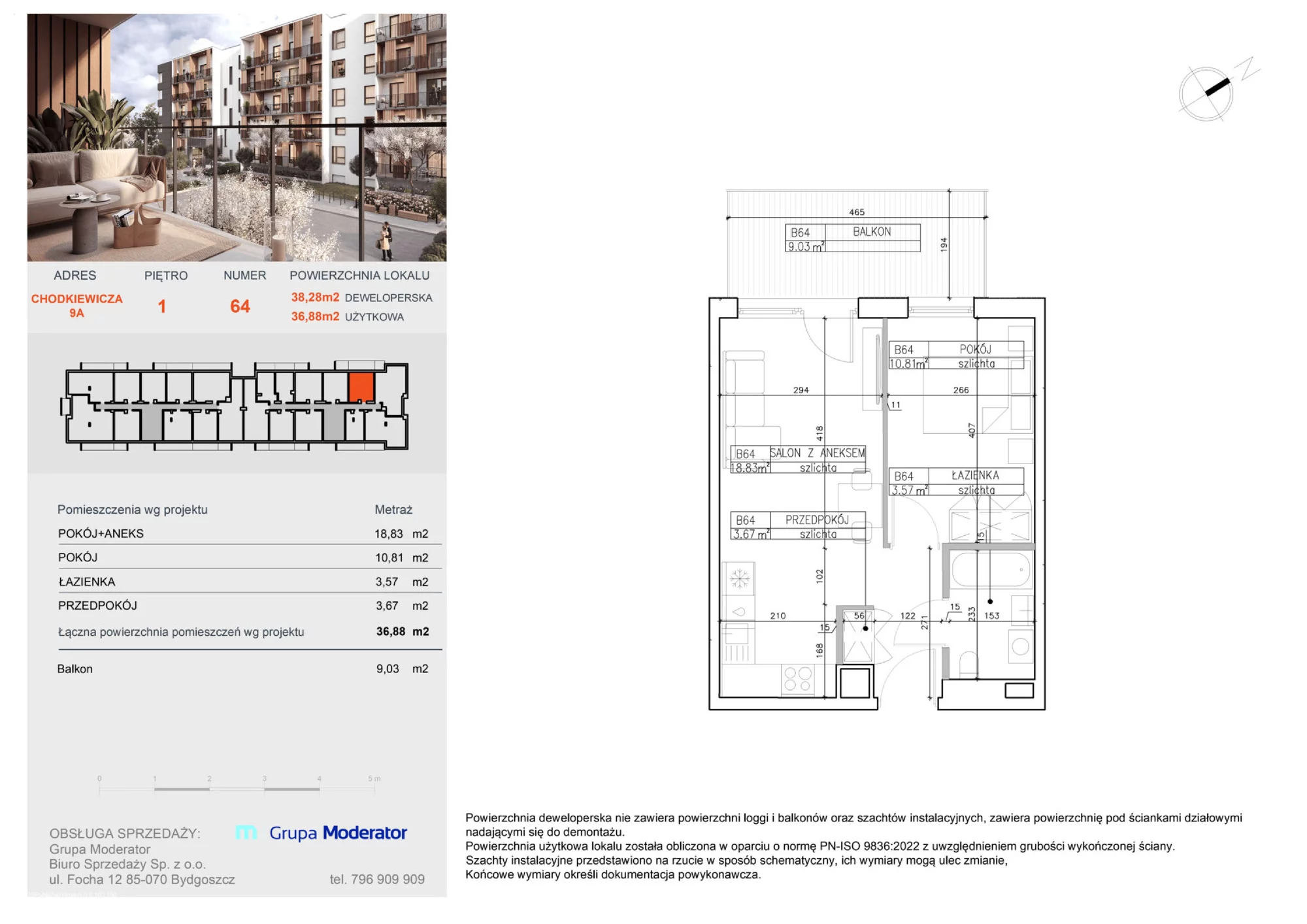 Apartament 36,88 m², piętro 1, oferta nr B64, Osiedle Symfonia, Bydgoszcz, Bielawy, ul. Jana Karola Chodkiewicza 9