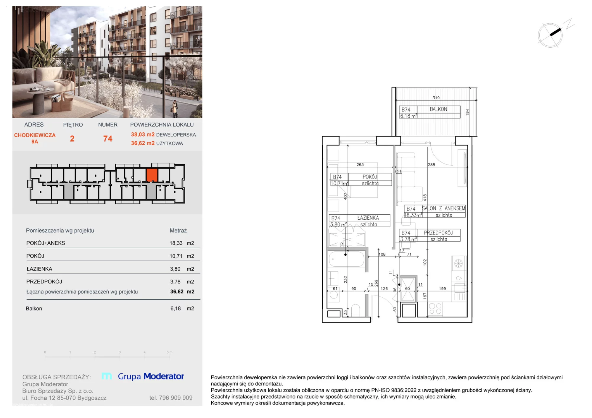 Apartament 36,62 m², piętro 2, oferta nr B74, Osiedle Symfonia, Bydgoszcz, Bielawy, ul. Jana Karola Chodkiewicza 9