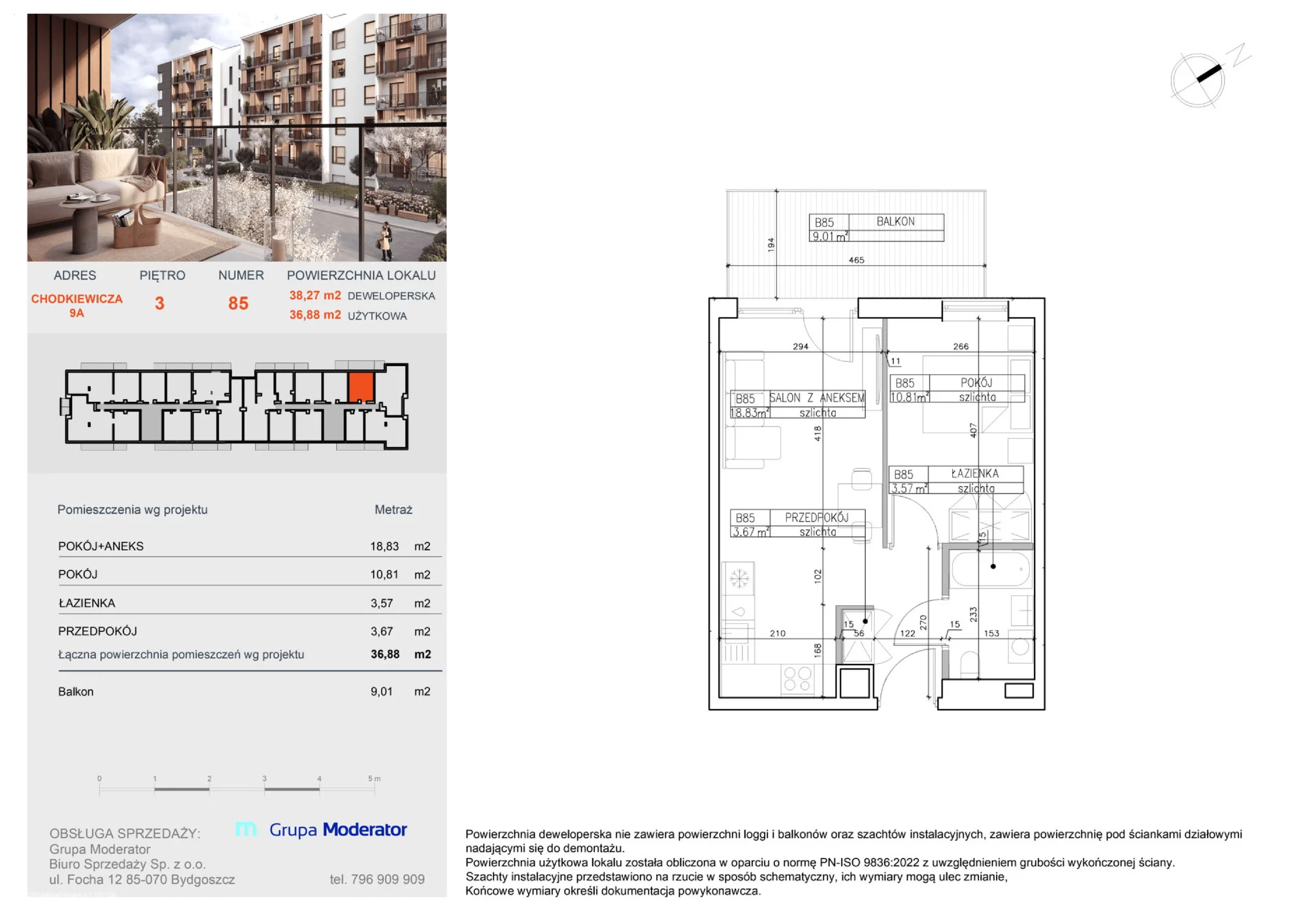 Apartament 36,88 m², piętro 3, oferta nr B85, Osiedle Symfonia, Bydgoszcz, Bielawy, ul. Jana Karola Chodkiewicza 9